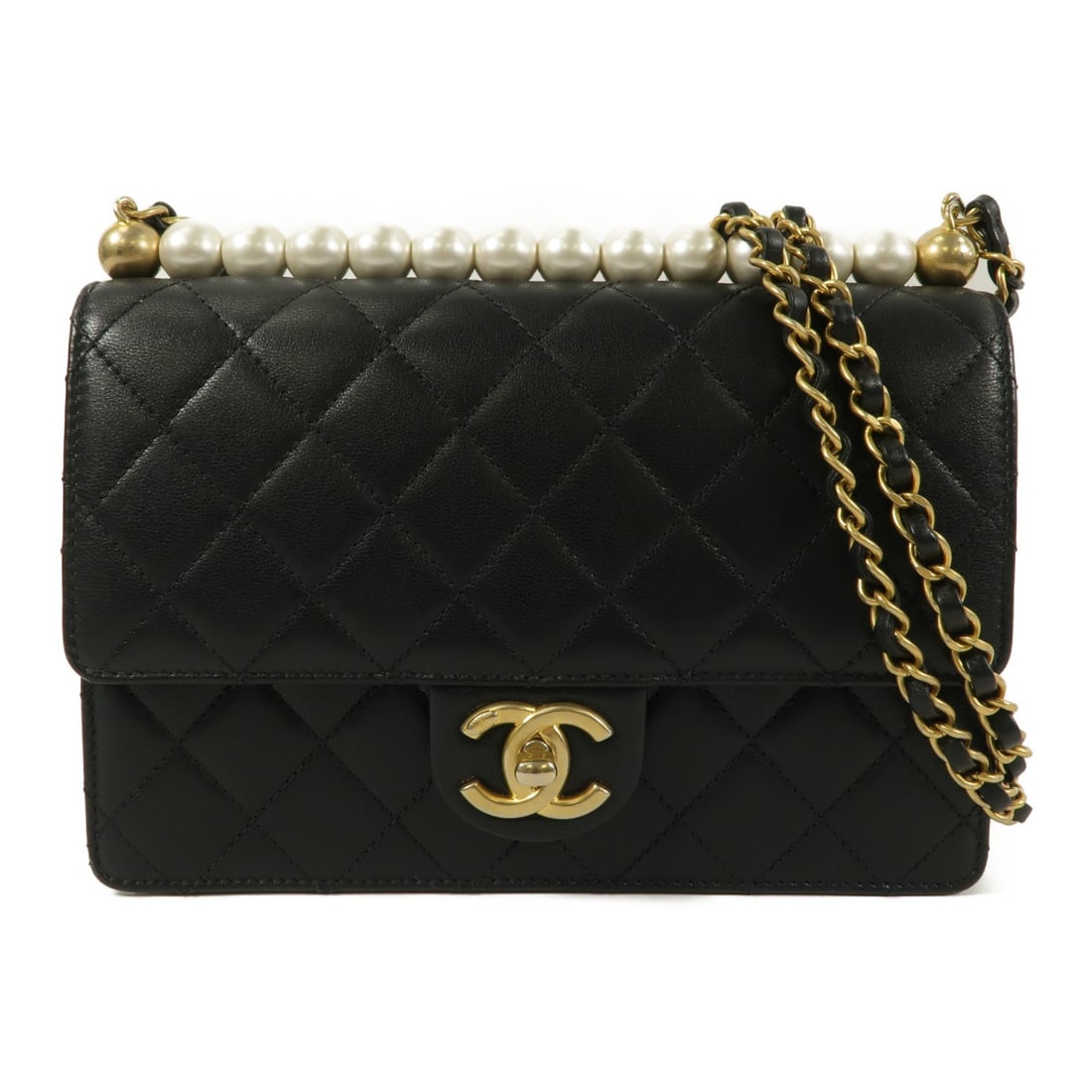 CHANEL CC Lambskin Shoulder Bag Black with Gold Tone Chain: CHANEL CC Lambskin Shoulder Bag Black with Gold Tone Chain Classic Chanel CC chain shoulder bag crafted in black lambskin leather with a turn-lock closure and organized interior. The bag includes two 