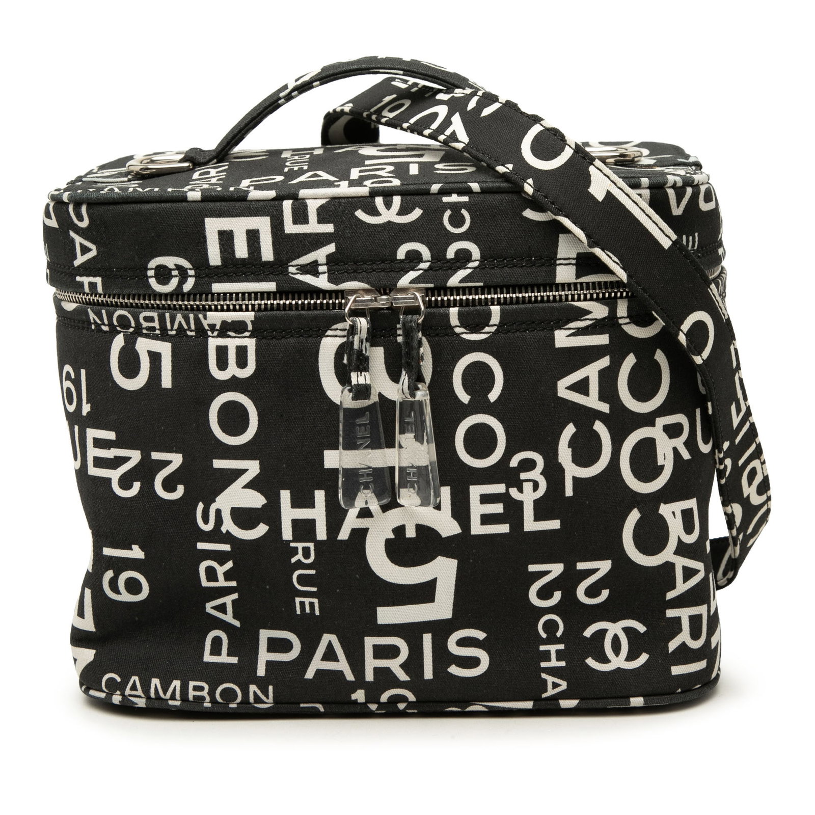 Chanel 31 Rue Cambon Printed Canvas Vanity Bag: Chanel 31 Rue Cambon Printed Canvas Vanity Bag A Chanel 31 Rue Cambon vanity case crafted in printed canvas with a flat top handle, detachable flat canvas strap, zip-around closure, and interior slip 