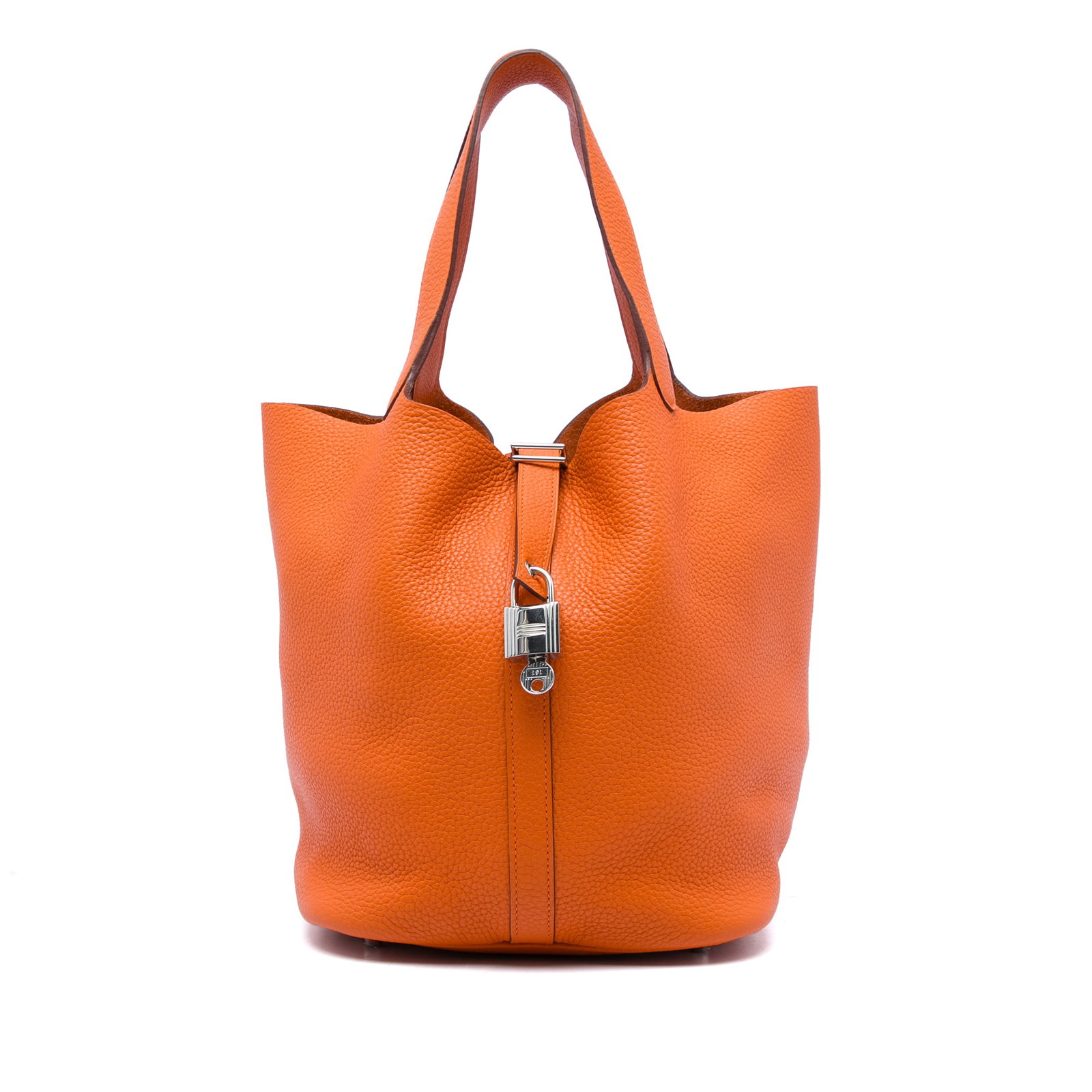 Hermes Picotin Lock 26 Clemence Leather Handbag Orange: Hermes Picotin Lock 26 Clemence Leather Handbag Orange Hermes Picotin Lock 26 in orange leather with flat handles and an open top secured by a flat strap and buckle closure. This bag is made in France