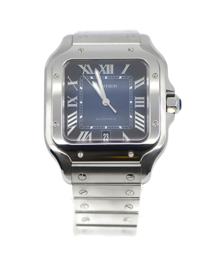 Cartier Santos WSSA0071 men's automatic steel watch blue dial: Cartier Santos WSSA0071 men's automatic steel watch blue dial Cartier Santos Large wristwatch with a stainless steel case and bracelet, featuring a blue analog dial and automatic mechanical movement. 