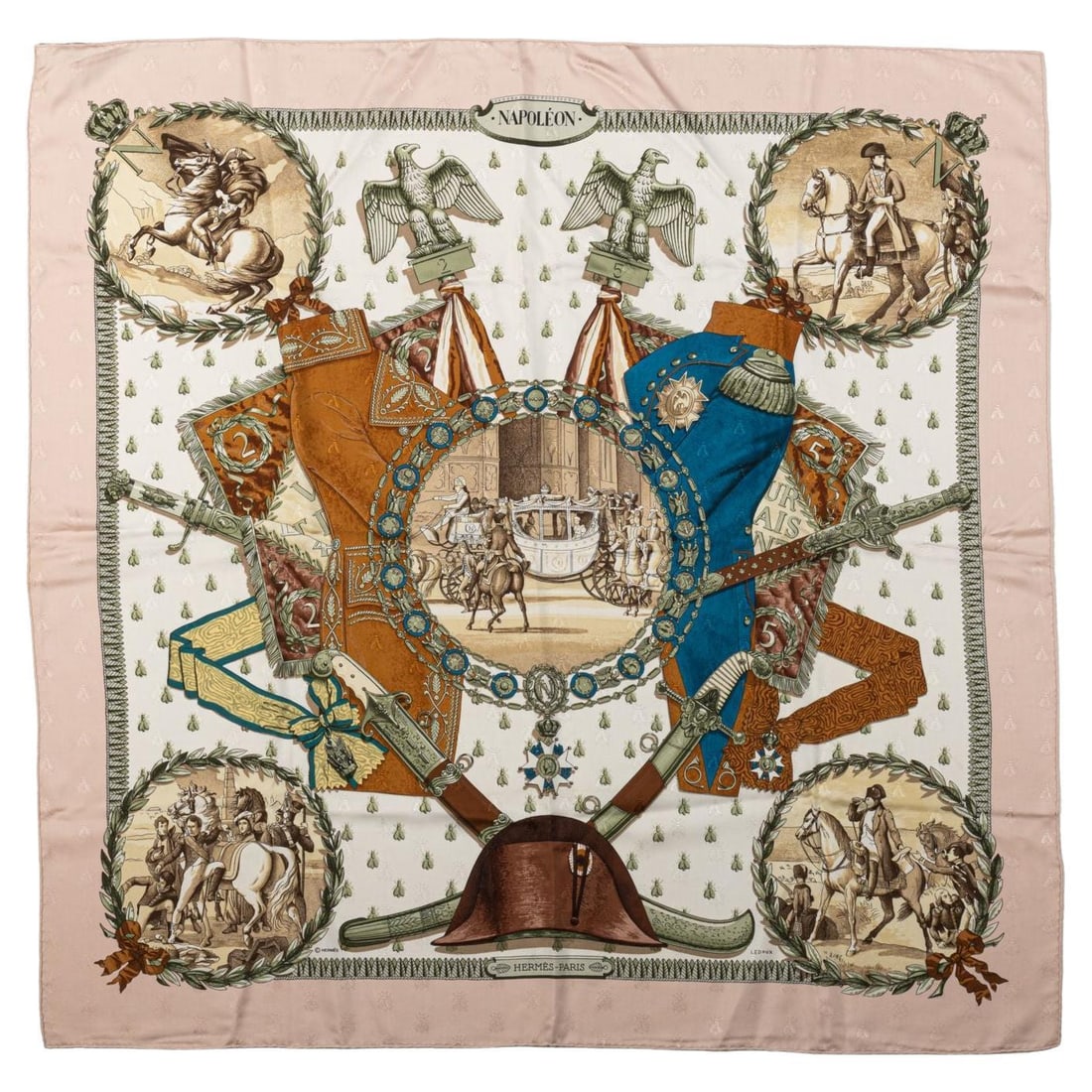 Hermes Napoleon Pink Silk Scarf 35 in France 2010: Hermes Napoleon Pink Silk Scarf 35 in France 2010 Elevate your style with this exquisite Hermes Napoleon Pink Silk Scarf. Crafted from 100% silk twill, this luxurious scarf features a stunning Napoleo