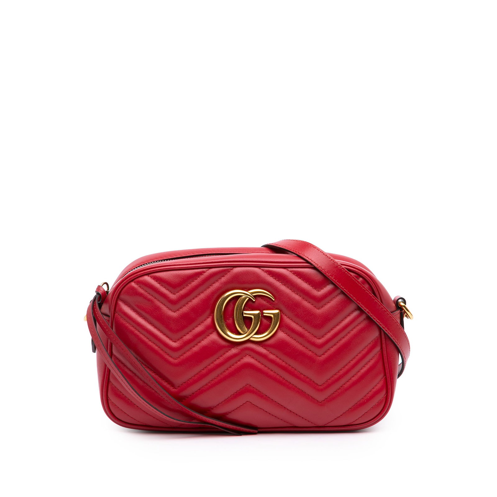 Gucci GG Marmont Small Red Leather Crossbody Bag: Gucci GG Marmont Small Red Leather Crossbody Bag A Gucci Small GG Marmont Matelasse Leather Crossbody in red leather with a quilted body and curb chain strap. The bag features a top zip closure and an
