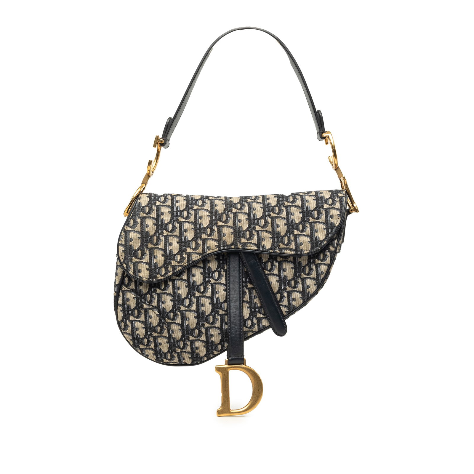 Dior Oblique Saddle Shoulder Bag in Blue Canvas: Dior Oblique Saddle Shoulder Bag in Blue Canvas Dior Oblique Canvas Saddle Bag in blue canvas with leather trim. This bag features a flat leather strap, a front flap with magnetic closure, and an inte