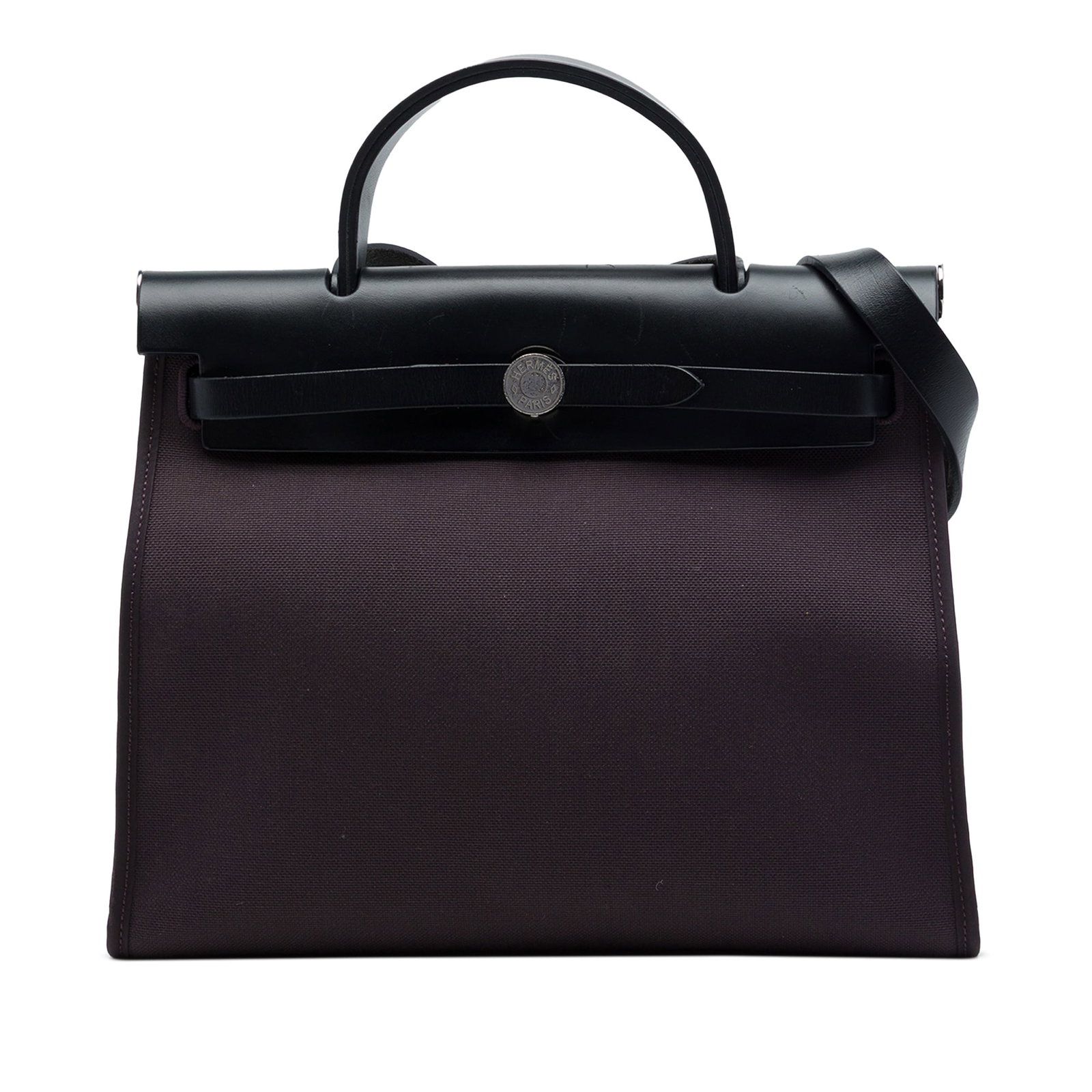 Hermes Herbag Zip 31 Toile Shoulder Bag Purple: Hermes Herbag Zip 31 Toile Shoulder Bag Purple The Hermes Herbag Zip 31 is a structured bag with a canvas body, leather top handle, and flat leather shoulder strap. It features a leather front flap wi