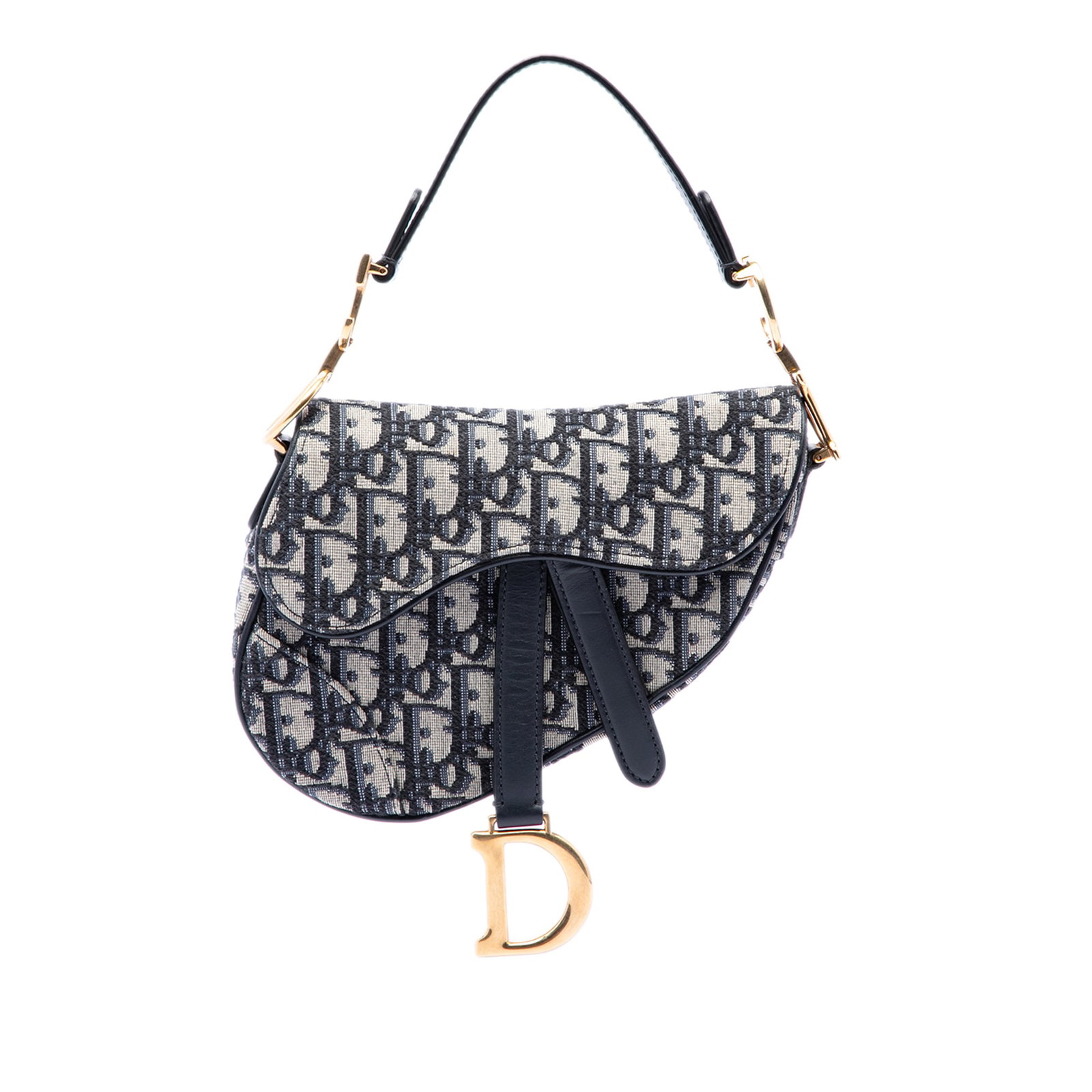 Dior Mini Saddle Bag in Blue Oblique Canvas: Dior Mini Saddle Bag in Blue Oblique Canvas A Dior Mini Oblique Canvas Saddle Bag crafted in blue fabric with the signature saddle silhouette. It features a flat leather handle, a flap with touch fast