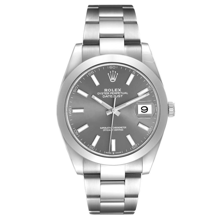 Rolex Datejust 126300 mens watch dark rhodium dial Oyster bracelet card: Rolex Datejust 126300 mens watch dark rhodium dial Oyster bracelet card Rolex Datejust reference 126300 featuring a dark rhodium dial, smooth bezel, and Oyster bracelet. This men's watch includes the 