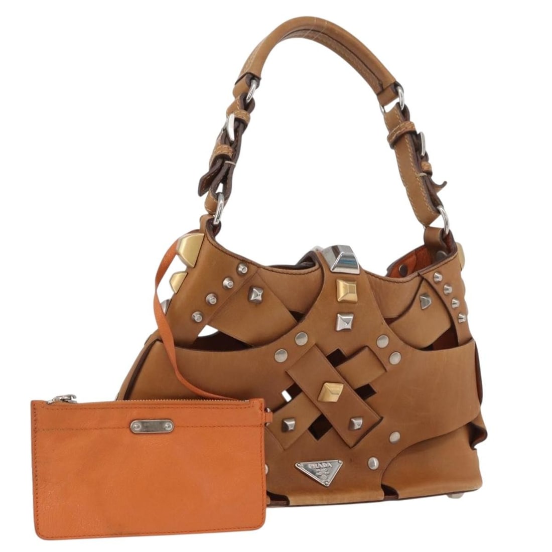 PRADA studded leather shoulder bag brown silver tone with dust bag (1 of 18)