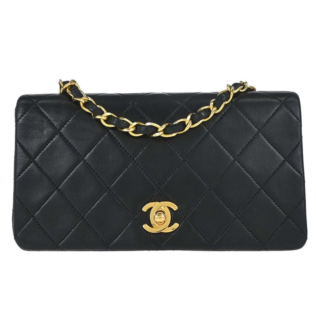 CHANEL Full Flap Mini Shoulder Bag Black Lambskin Turn Lock: CHANEL Full Flap Mini Shoulder Bag Black Lambskin Turn Lock Chanel Full Flap mini shoulder bag in black lambskin leather with a quilted matelasse finish and turn lock flap closure. This women's bag fe