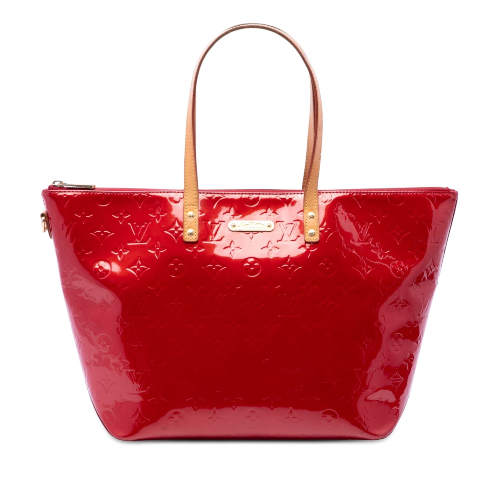 Louis Vuitton Bellevue GM Monogram Vernis Leather Tote Bag: Louis Vuitton Bellevue GM Monogram Vernis Leather Tote Bag Louis Vuitton Bellevue GM handbag in red Monogram Vernis leather with flat vachetta straps, a top zip closure, and interior slip pockets. Mad