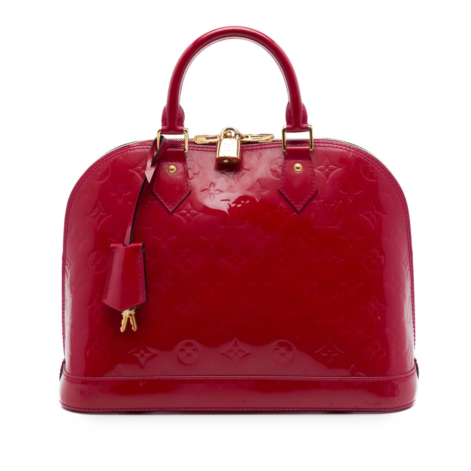 Louis Vuitton Alma PM Monogram Vernis Pink Leather Handbag: Louis Vuitton Alma PM Monogram Vernis Pink Leather Handbag A structured Louis Vuitton Alma PM handbag in pink Monogram Vernis leather with rolled leather handles, a top zip closure, and interior slip 