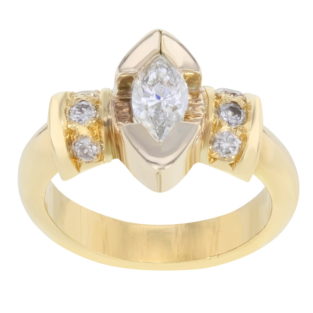 Rachel Koen Marquise Cut Diamond Engagement Ring 1.06Cttw 18K Yellow Gold: Rachel Koen Marquise Cut Diamond Engagement Ring 1.06Cttw 18K Yellow Gold This exquisite engagement ring by Rachel Koen showcases a stunning marquise cut diamond at its center, weighing 0.75ct, elegan
