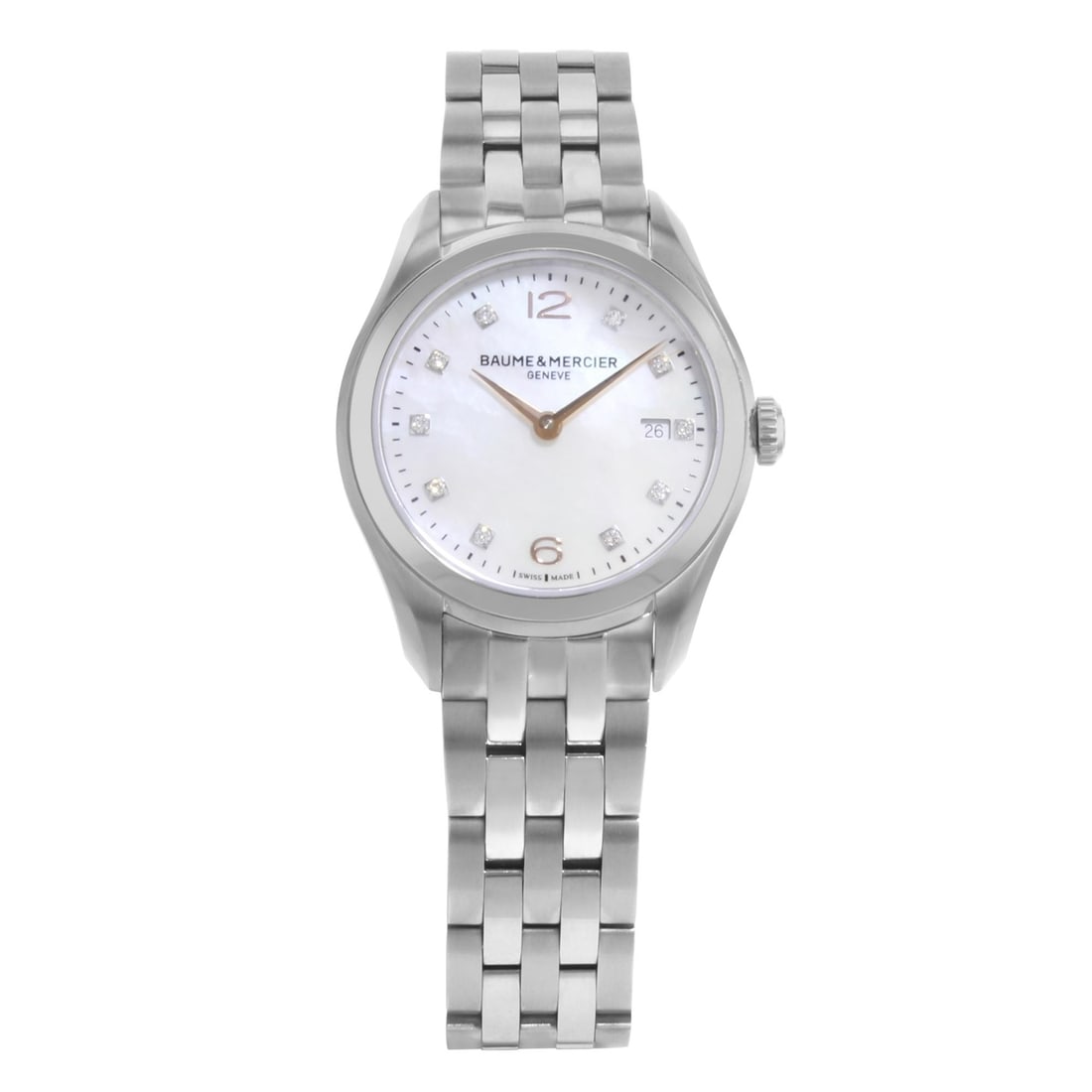 Baume & Mercier Clifton Quartz Ladies Watch MOP Diamond Dial MOA10176: Baume & Mercier Clifton Quartz Ladies Watch MOP Diamond Dial MOA10176 The Baume et Mercier Clifton Steel MOP Diamond Dial Quartz Ladies Watch MOA10176 is a stunning addition to any dress or formal att