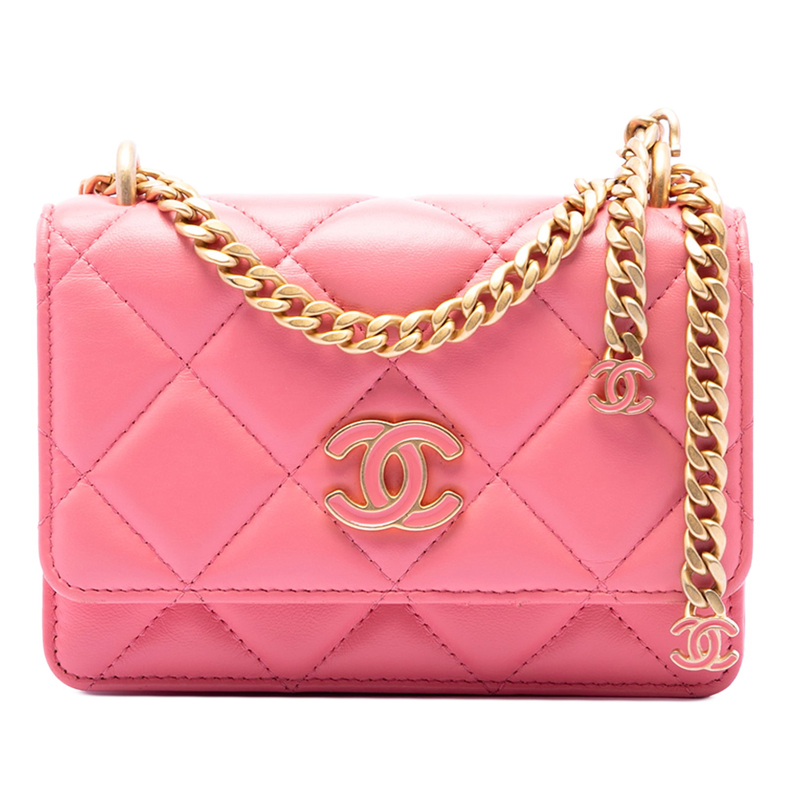 Chanel Pending CC Mini Wallet On Chain Pink Quilted Lambskin Bag: Chanel Pending CC Mini Wallet On Chain Pink Quilted Lambskin Bag This Chanel crossbody wallet on chain is crafted in quilted lambskin leather and finished in pink. It features a curb chain shoulder st