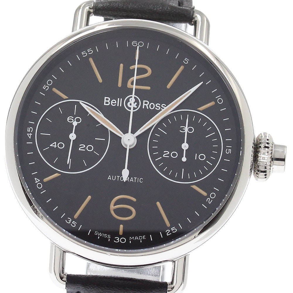 Bell and Ross BRWW1-MP01 mens automatic chronograph watch small seconds: Bell and Ross BRWW1-MP01 mens automatic chronograph watch small seconds Bell & Ross Vintage One-Push men's wristwatch with automatic movement, featuring a black dial with chronograph and small seconds
