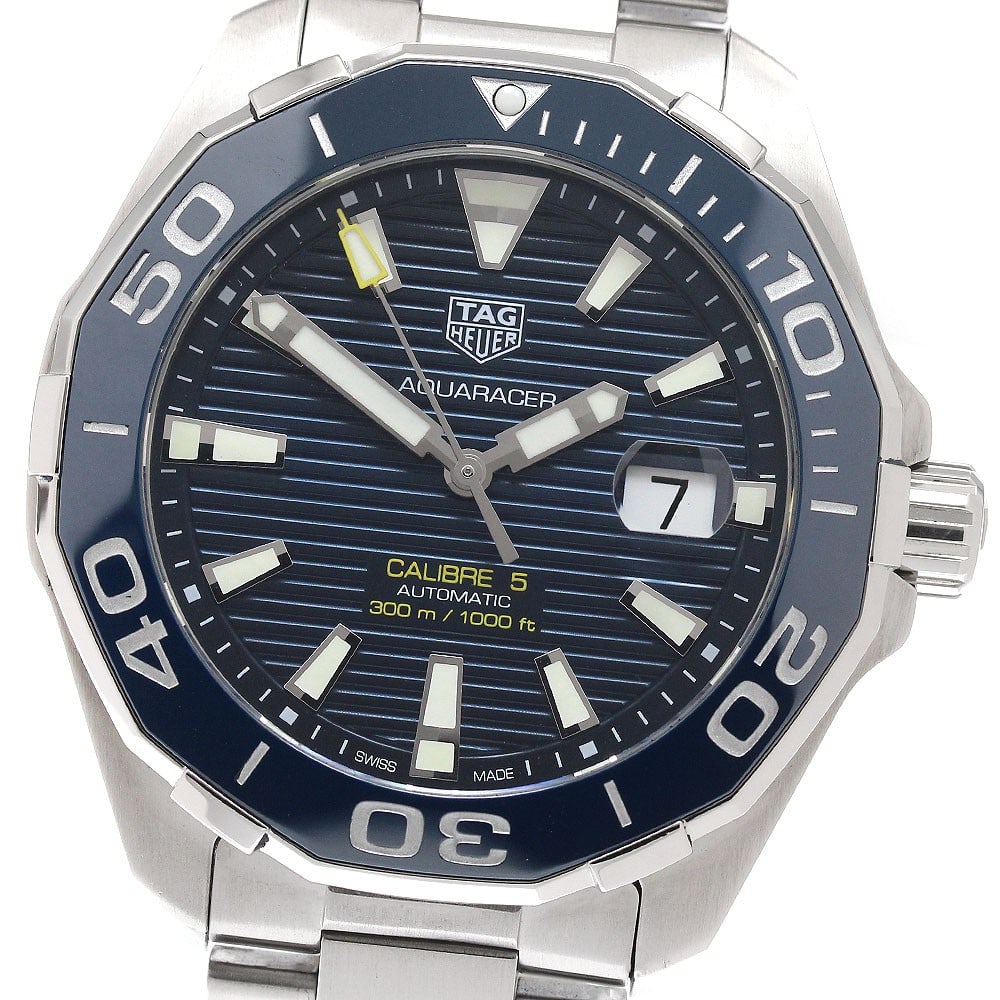 TAG Heuer WAY201B Aquaracer Caliber 5 automatic date men's wristwatch: TAG Heuer WAY201B Aquaracer Caliber 5 automatic date men's wristwatch TAG Heuer Aquaracer Caliber 5 automatic men's wristwatch with date display. This stainless steel model features a navy dial and co