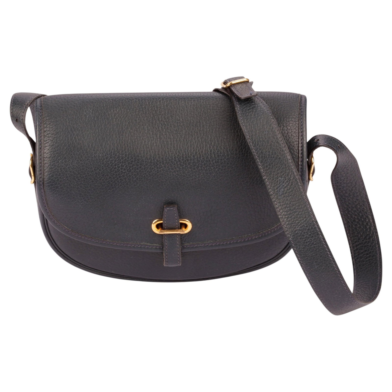 Hermes Balle de Golf dark navy leather bag with box: Hermes Balle de Golf dark navy leather bag with box Vintage Hermes Balle de Golf bag in grained dark navy leather with gold-tone hardware and a golf-ball slider lock with loop closure. This piece come
