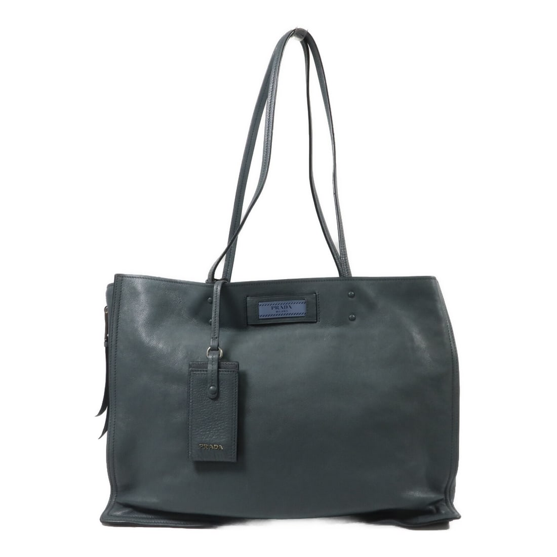 PRADA 1BG118 Glace Calfskin Shoulder Tote Bag Blue: PRADA 1BG118 Glace Calfskin Shoulder Tote Bag Blue Prada Glace tote shoulder bag in blue calfskin leather with a structured silhouette and double shoulder straps. The interior includes two zip pockets