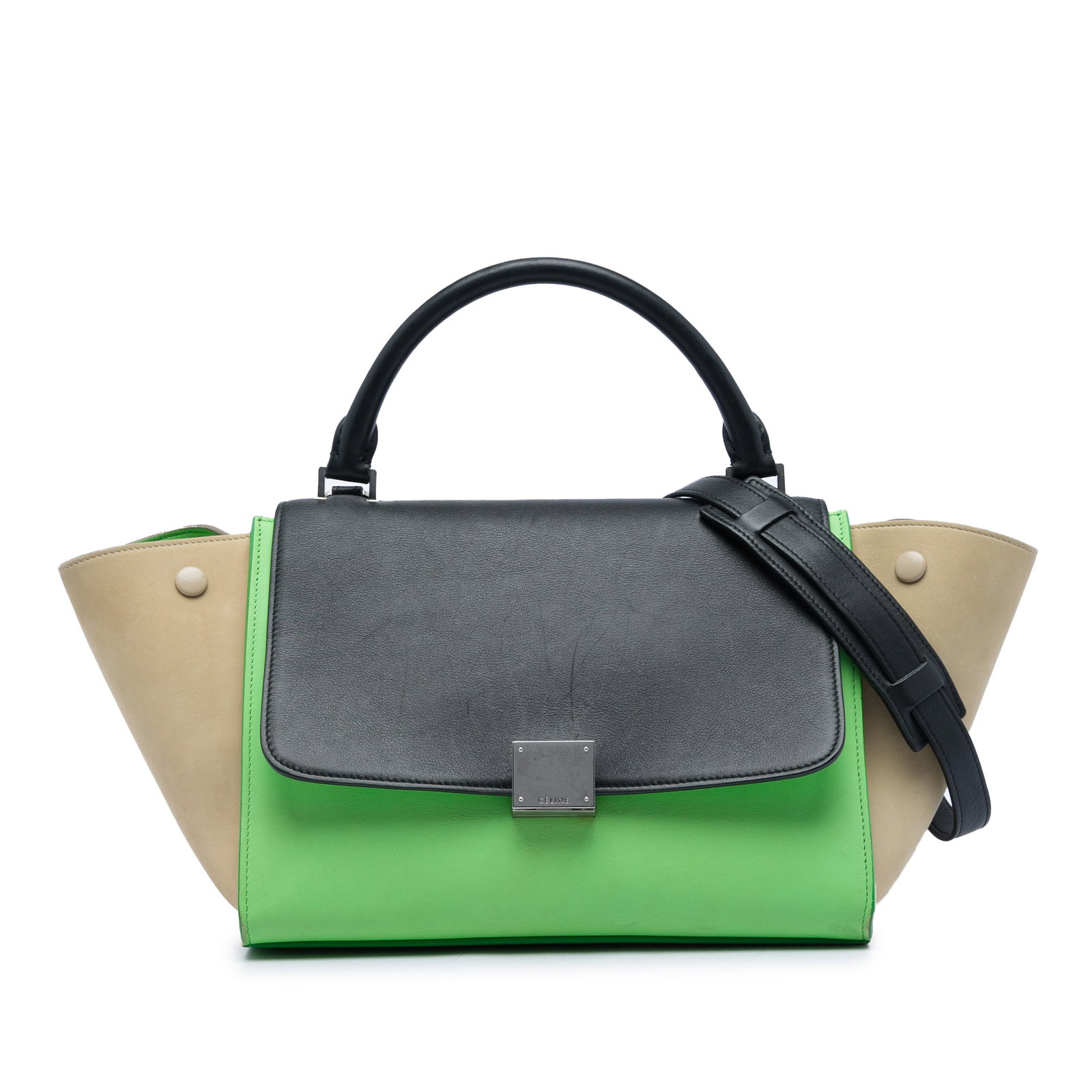 Celine Trapeze Small Leather Satchel Bag in Green: Celine Trapeze Small Leather Satchel Bag in Green Small Tricolor Leather Trapeze satchel with a structured leather body, rolled top handle, and detachable flat leather strap. The design includes a fro