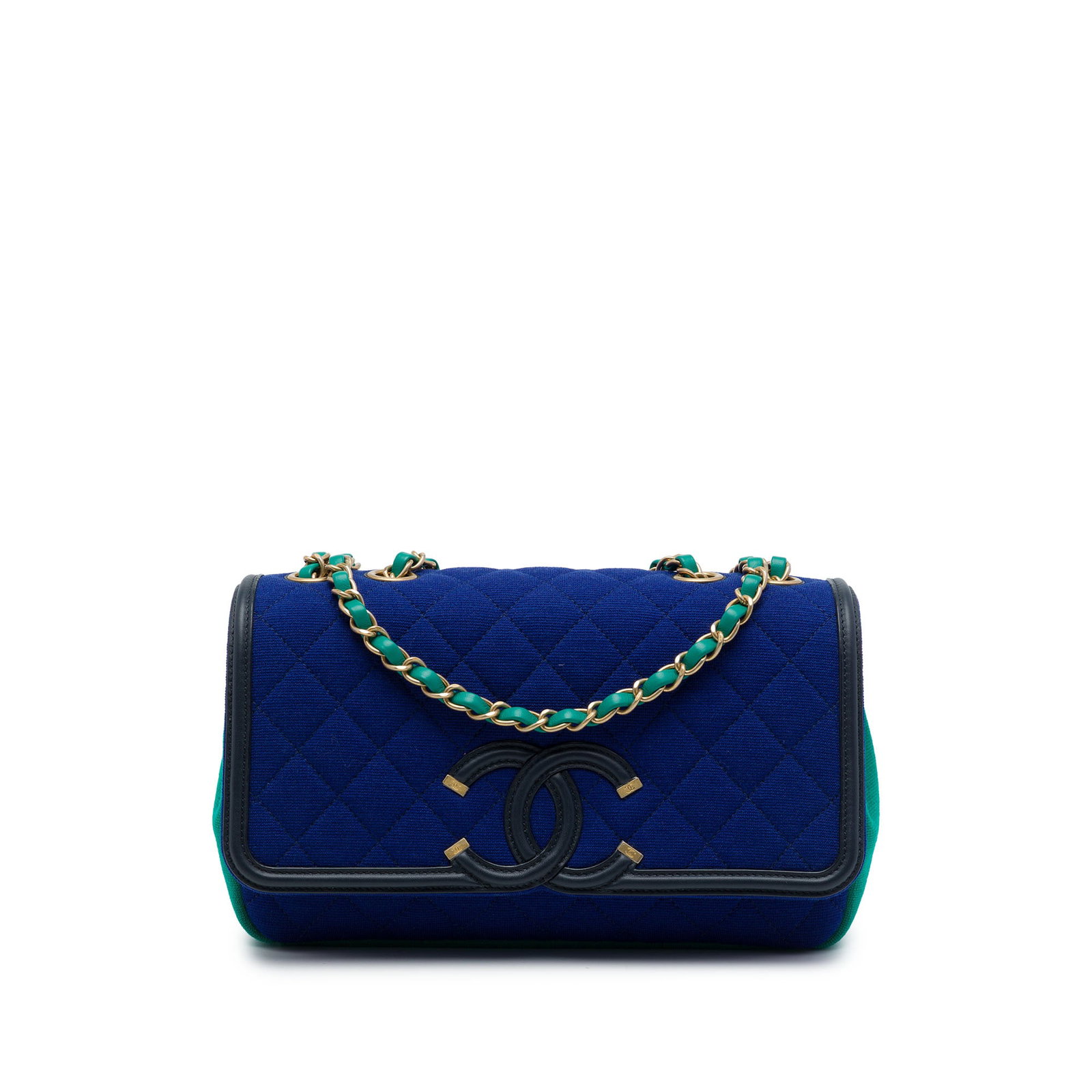 Chanel CC Filigree Medium Flap Bag in Tricolor Jersey: Chanel CC Filigree Medium Flap Bag in Tricolor Jersey A Chanel Medium Tricolor Jersey CC Filigree Flap bag crafted with a quilted jersey body and a leather-woven chain shoulder strap with leather guar