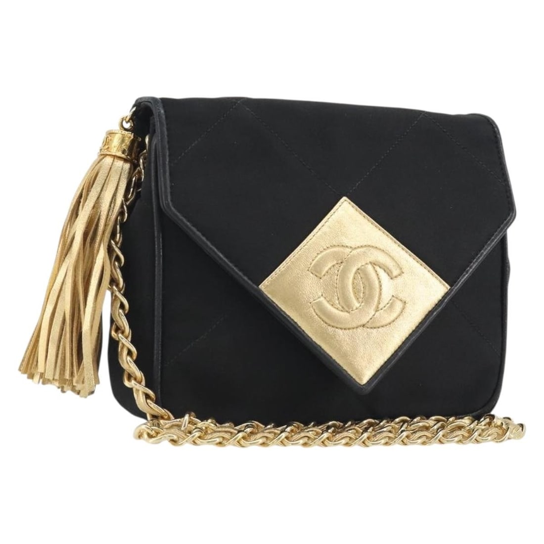 CHANEL CC Satin Shoulder Bag Black Gold Chain Strap: CHANEL CC Satin Shoulder Bag Black Gold Chain Strap Chanel Matelasse chain shoulder bag in black satin with gold-tone accents. Made in Italy, this women's shoulder bag includes the guarantee card. Con