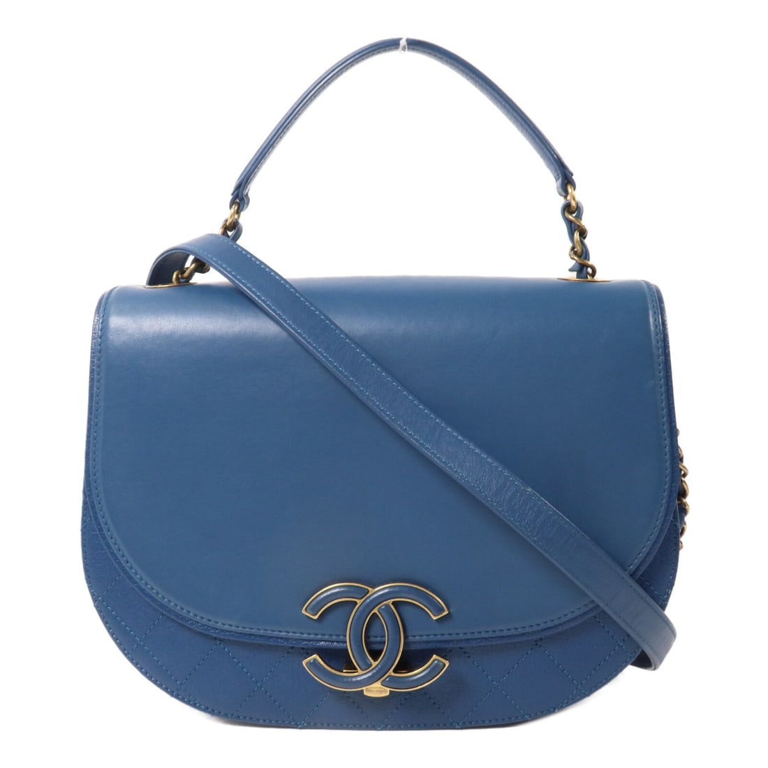 CHANEL Coco Curve 2way Shoulder Bag Blue Calfskin CC GHW: CHANEL Coco Curve 2way Shoulder Bag Blue Calfskin CC GHW A CHANEL 2-way chain shoulder bag in blue calfskin (cowhide) with CC hardware in gold-tone finish. The bag is noted as a regular size women's s