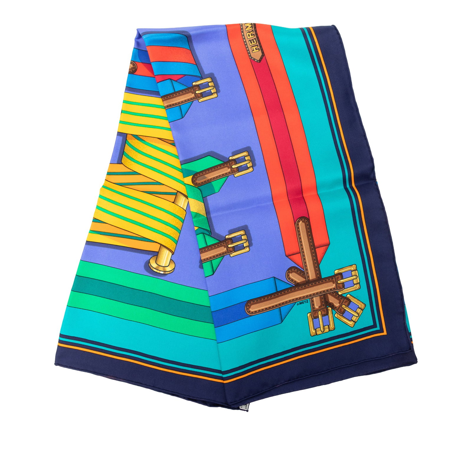 Hermes Les Sangles 90 Silk Scarf Blue: Hermes Les Sangles 90 Silk Scarf Blue Hermes Les Sangles Silk Scarf 90 in blue silk with the signature Les Sangles print. Made in France, this accessory shows visible wear including loose stitching, c