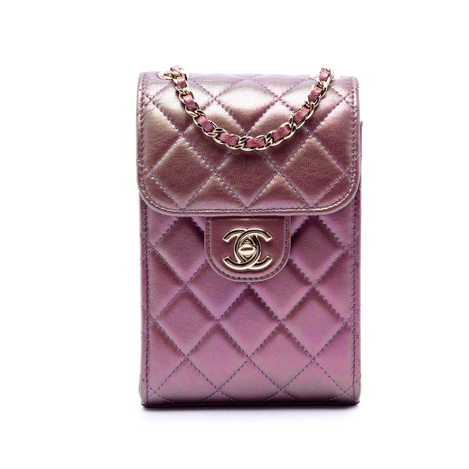 Chanel CC Phone Holder Crossbody in Iridescent Quilted Lambskin: Chanel CC Phone Holder Crossbody in Iridescent Quilted Lambskin A Chanel CC quilted iridescent lambskin phone holder with chain in purple. This crossbody bag features a quilted lambskin leather body, 