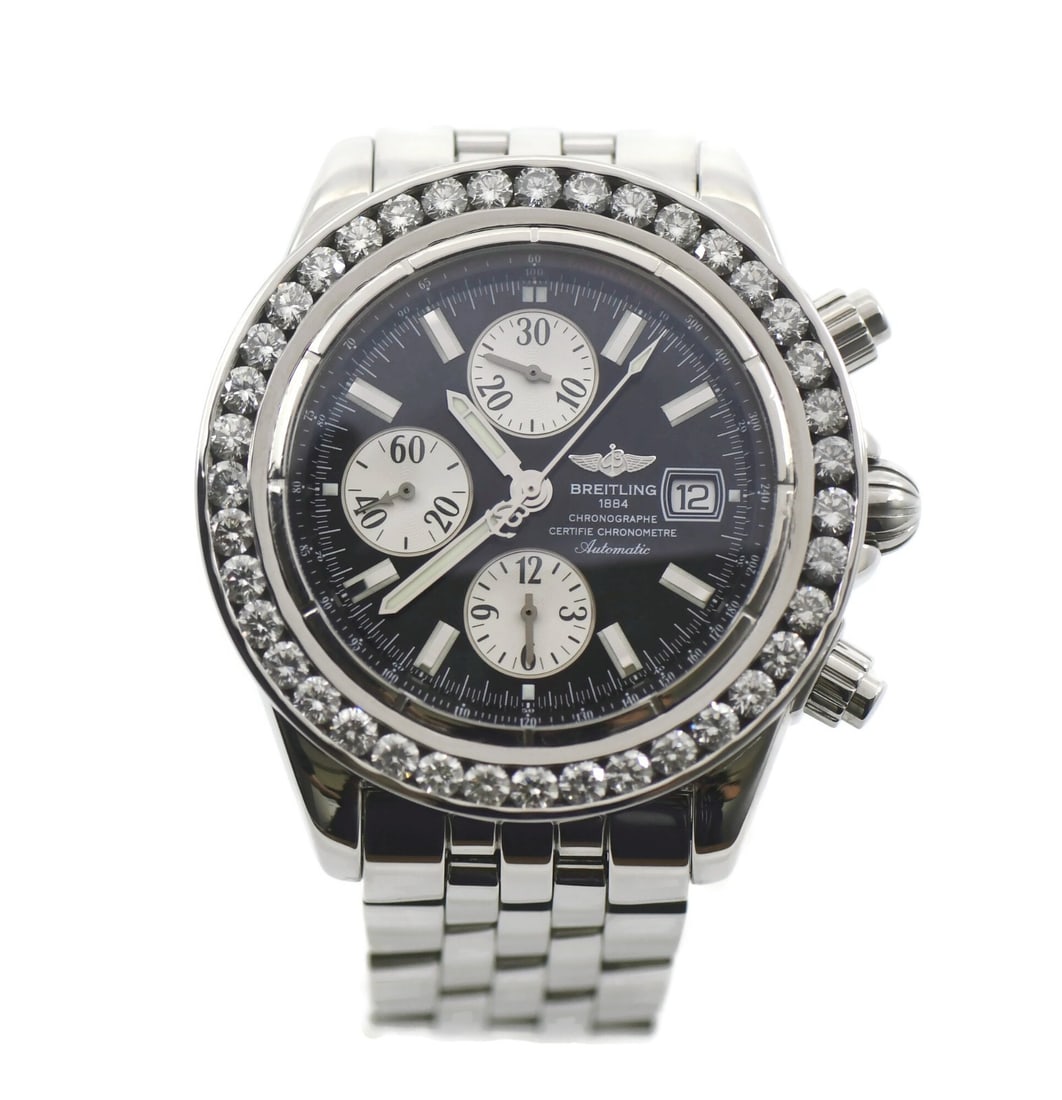 Breitling Chronomat A13356 mens automatic steel diamond bezel watch: Breitling Chronomat A13356 mens automatic steel diamond bezel watch Breitling Chronomat Evolution wristwatch with a custom diamond bezel and stainless steel case and bracelet. This men's automatic wat