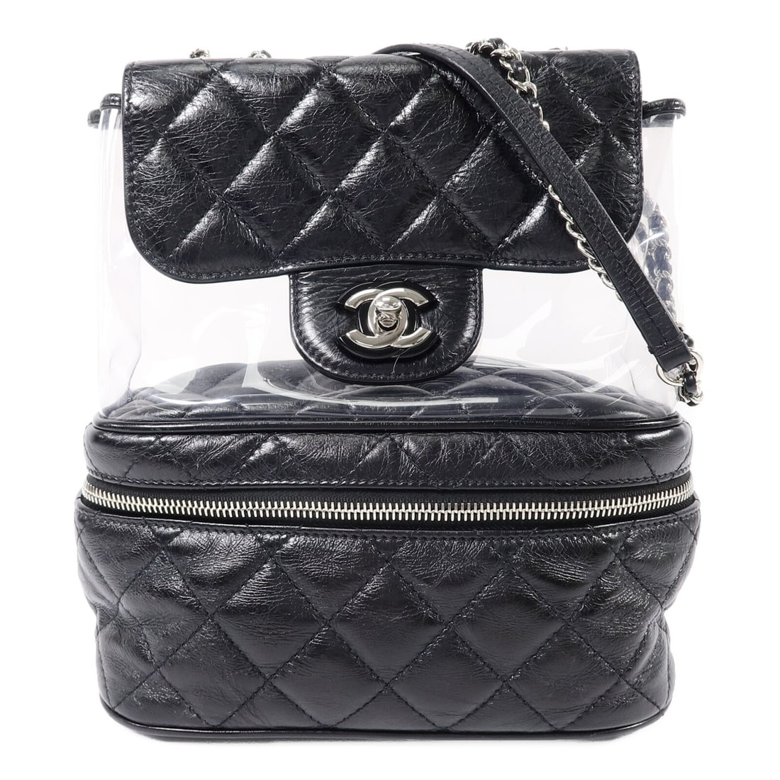 CHANEL A57826 Matelasse Backpack Shoulder Bag Black PVC Calfskin: CHANEL A57826 Matelasse Backpack Shoulder Bag Black PVC Calfskin Matelasse backpack chain shoulder bag in black calfskin and PVC with a CC turn-lock closure and one exterior open pocket. Includes stor