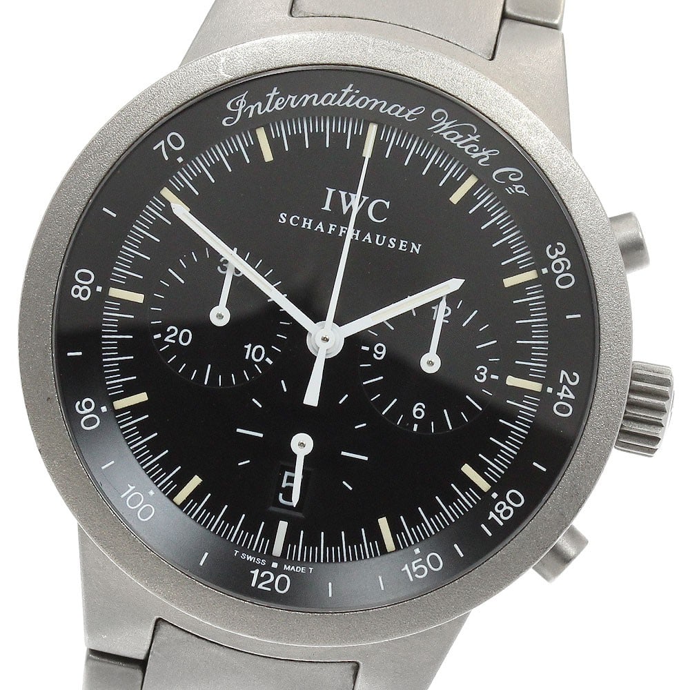 IWC Schaffhausen GST IW372701 Titanium Quartz Chronograph Date Watch: IWC Schaffhausen GST IW372701 Titanium Quartz Chronograph Date Watch IWC Schaffhausen GST Date Chronograph men's wristwatch with a black dial, quartz movement, and titanium case and bracelet. This wat