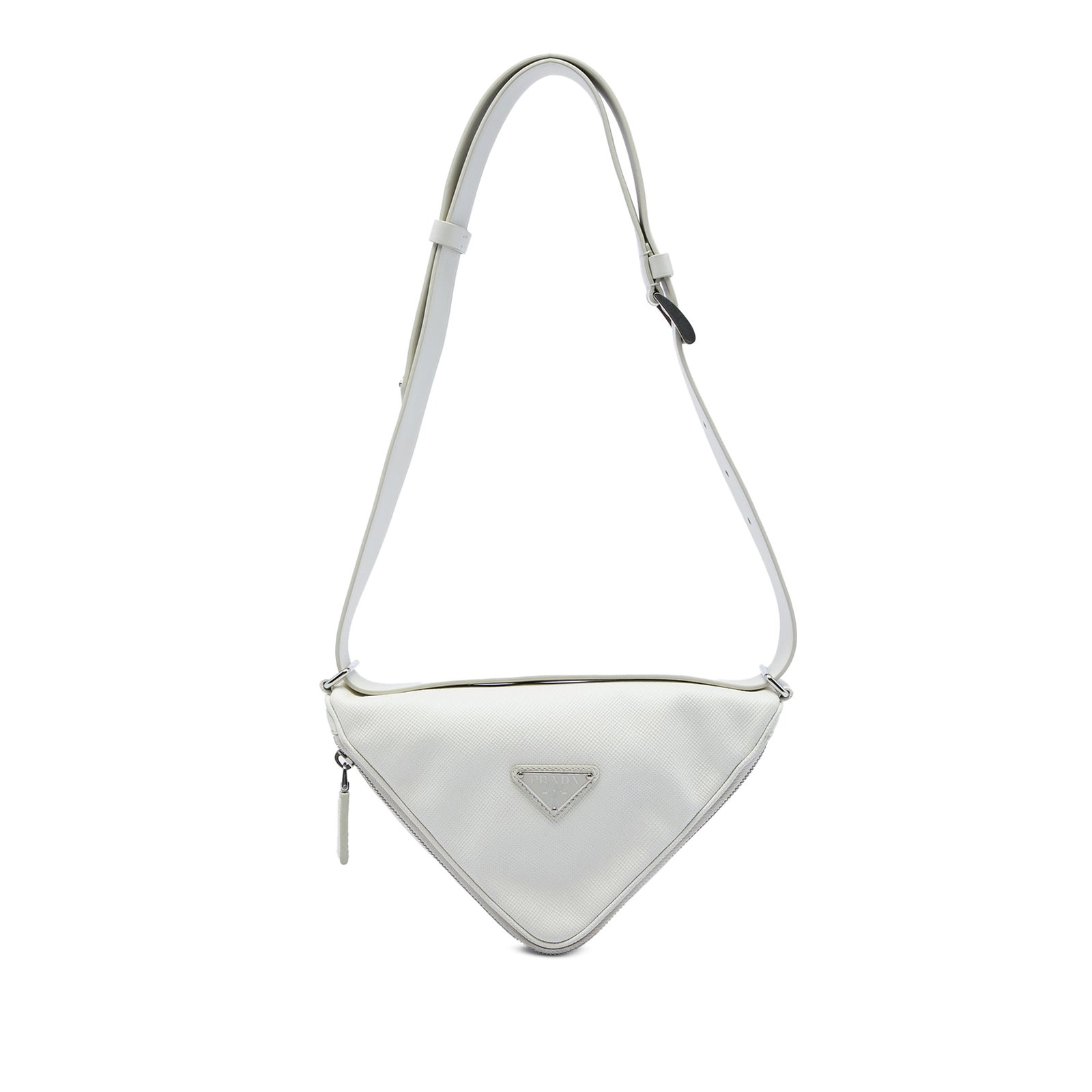 Prada Saffiano Cuir Triangle Leather Shoulder Bag White: Prada Saffiano Cuir Triangle Leather Shoulder Bag White Prada Saffiano Cuir Triangle Convertible Shoulder Bag in white leather. This shoulder bag features a saffiano leather body, a flat leather strap