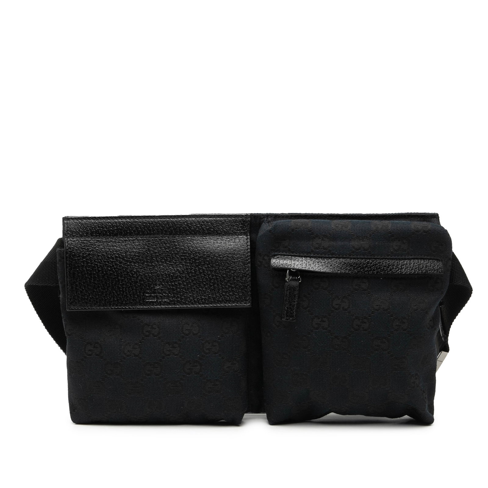 Gucci GG Canvas Blue Belt Bag with Double Front Pockets: Gucci GG Canvas Blue Belt Bag with Double Front Pockets This Gucci GG Canvas Double Pocket Belt Bag features a canvas body with leather trim, a flat canvas belt strap, front flap and zip compartments,