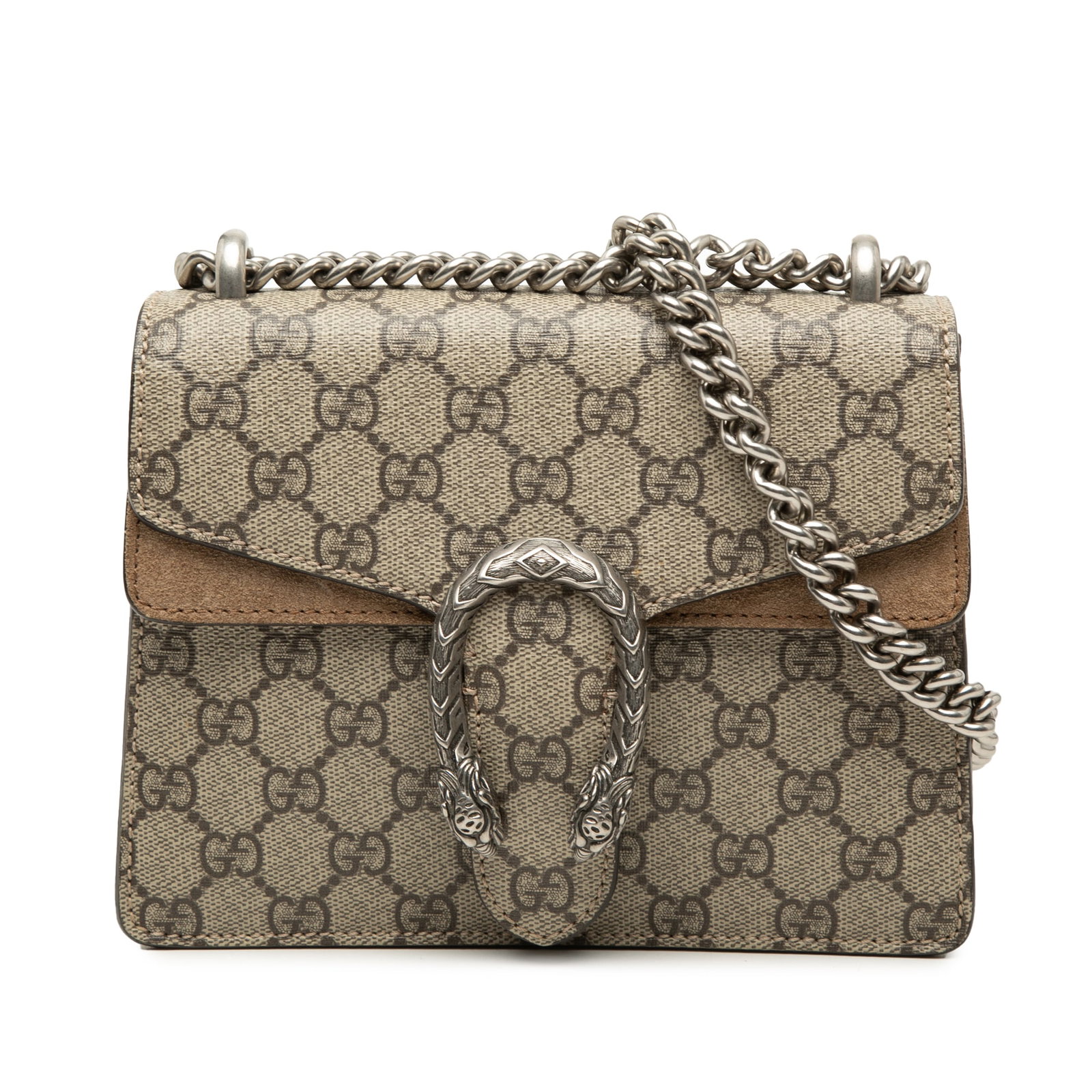 Gucci Dionysus Small Crossbody Bag GG Supreme Beige: Gucci Dionysus Small Crossbody Bag GG Supreme Beige Gucci Small GG Supreme Dionysus Crossbody bag crafted with a coated canvas body and suede leather trim. It features a curb chain link strap and a fl