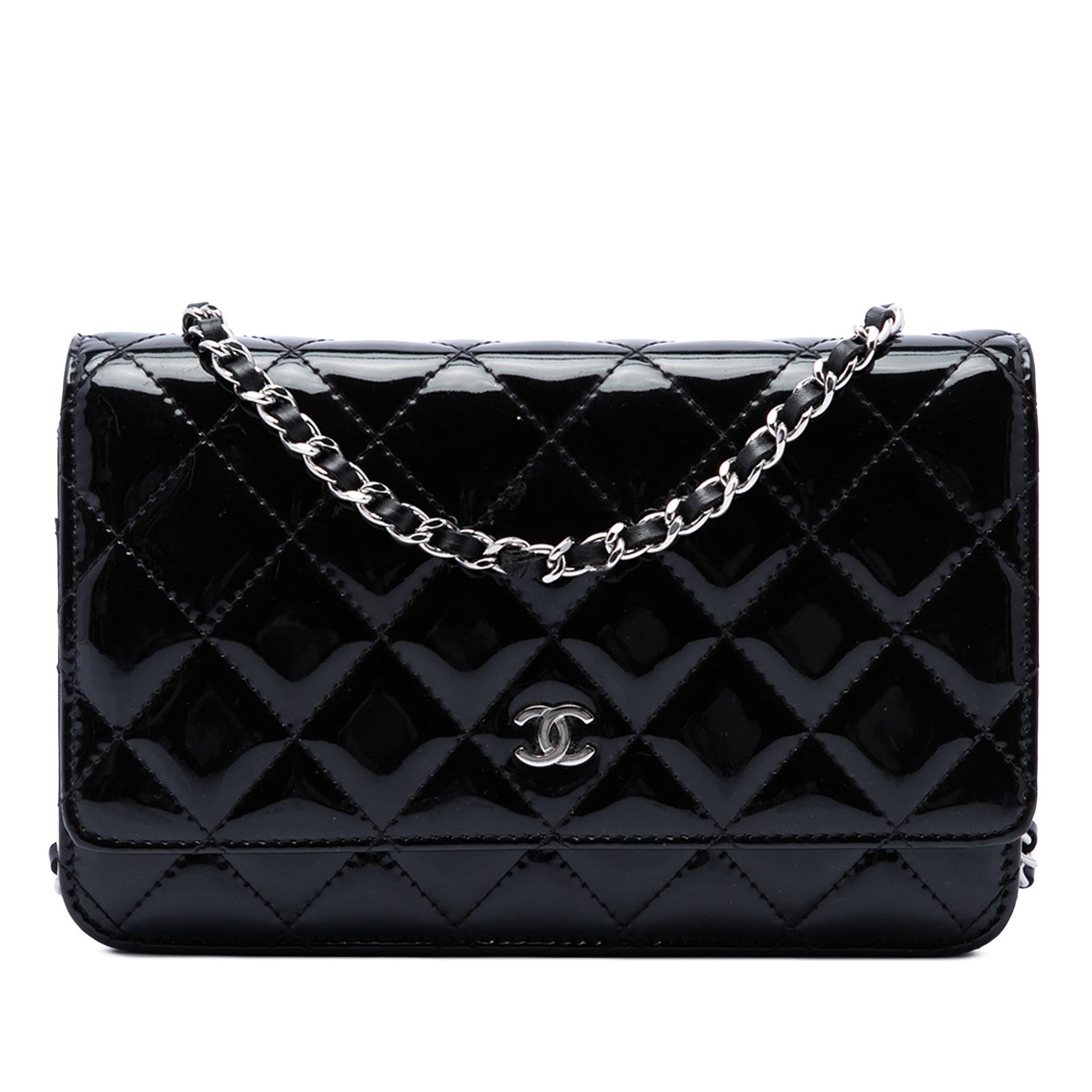 Chanel CC Quilted Patent Leather Wallet on Chain Black: Chanel CC Quilted Patent Leather Wallet on Chain Black Chanel wallet on chain in black quilted patent leather with a leather-woven chain link strap and front flap snap closure. The interior includes a