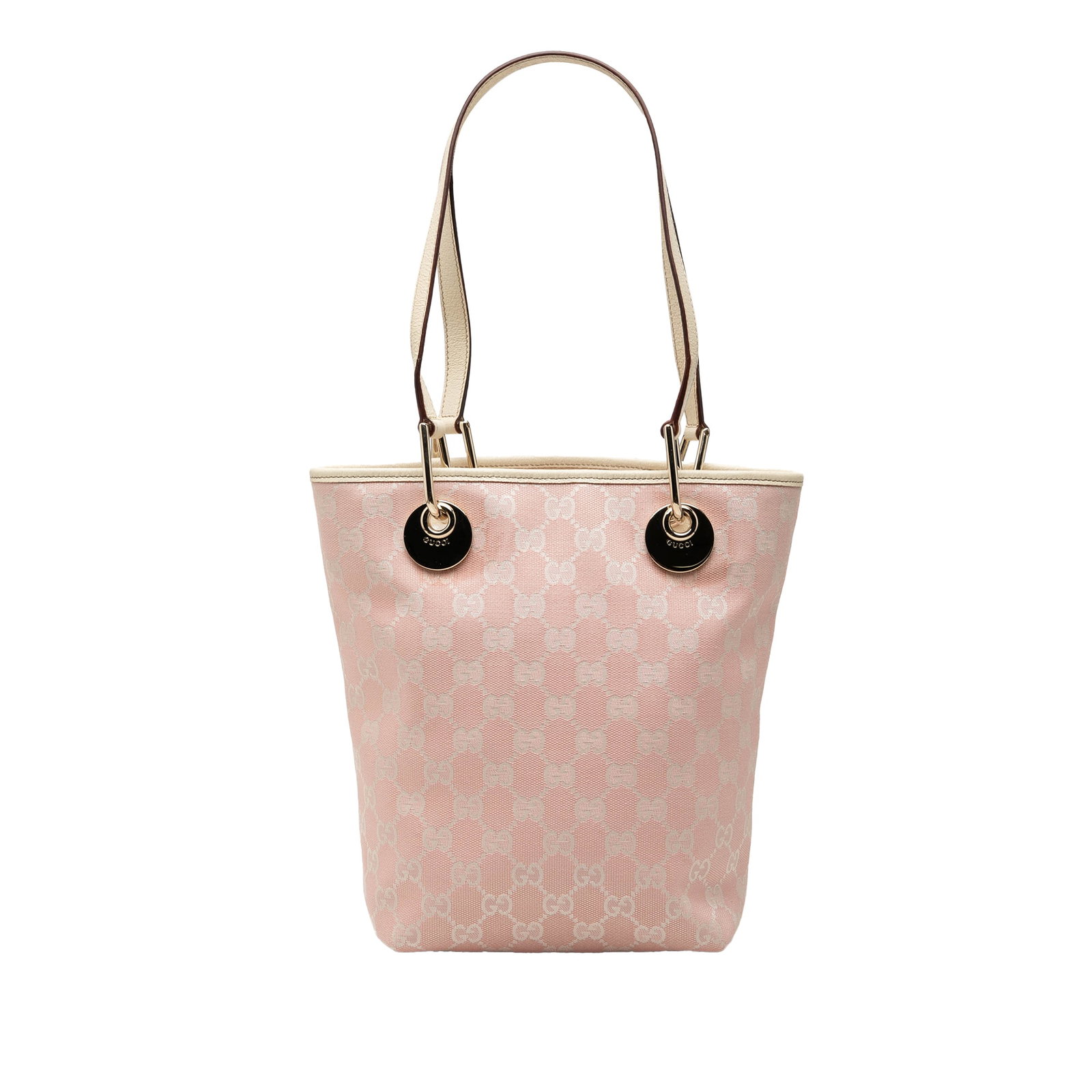 Gucci Eclipse Tote Bag in Pink GG Canvas: Gucci Eclipse Tote Bag in Pink GG Canvas Gucci GG Canvas Eclipse Tote in pink with a canvas body and leather trim. This tote features flat leather straps, an open top, and an interior with zip and sli