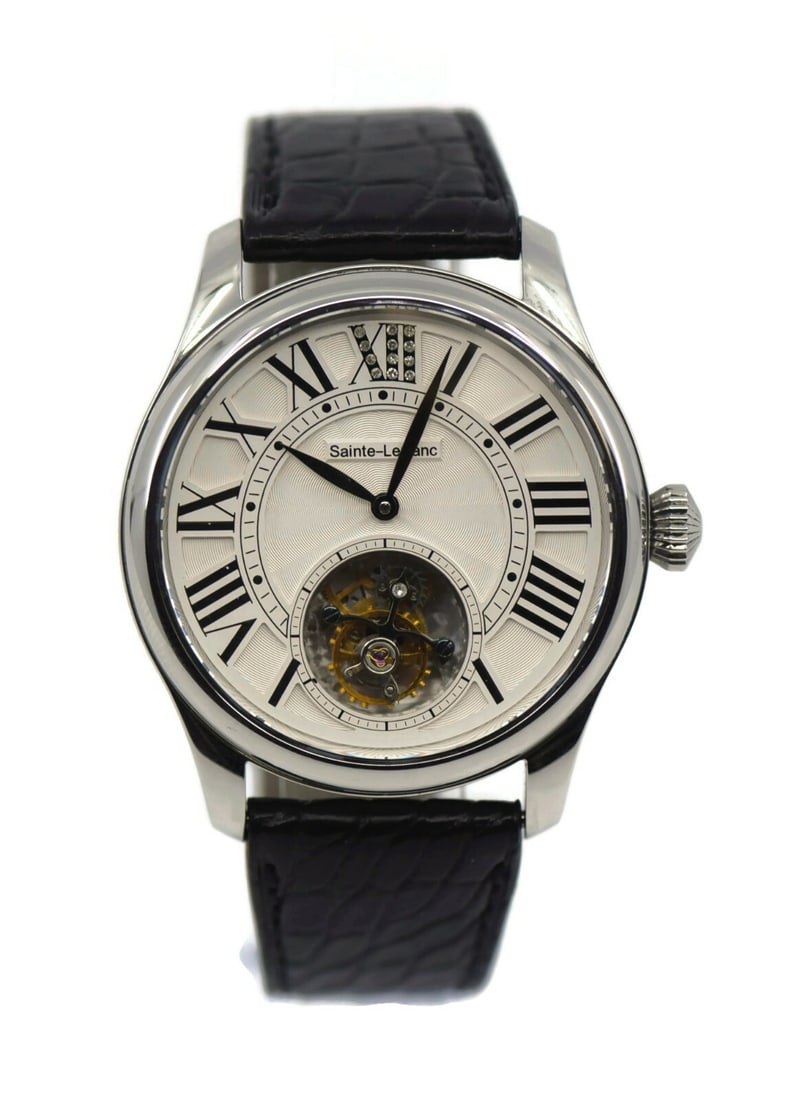 Sainte-LeFranc Pro-01 Diamond Tourbillon 42 mm Mechanical Wristwatch: Sainte-LeFranc Pro-01 Diamond Tourbillon 42 mm Mechanical Wristwatch Sainte-LeFranc Pro-01 men's wristwatch with a tourbillon movement, stainless steel case, and leather strap. This pre-owned watch ha