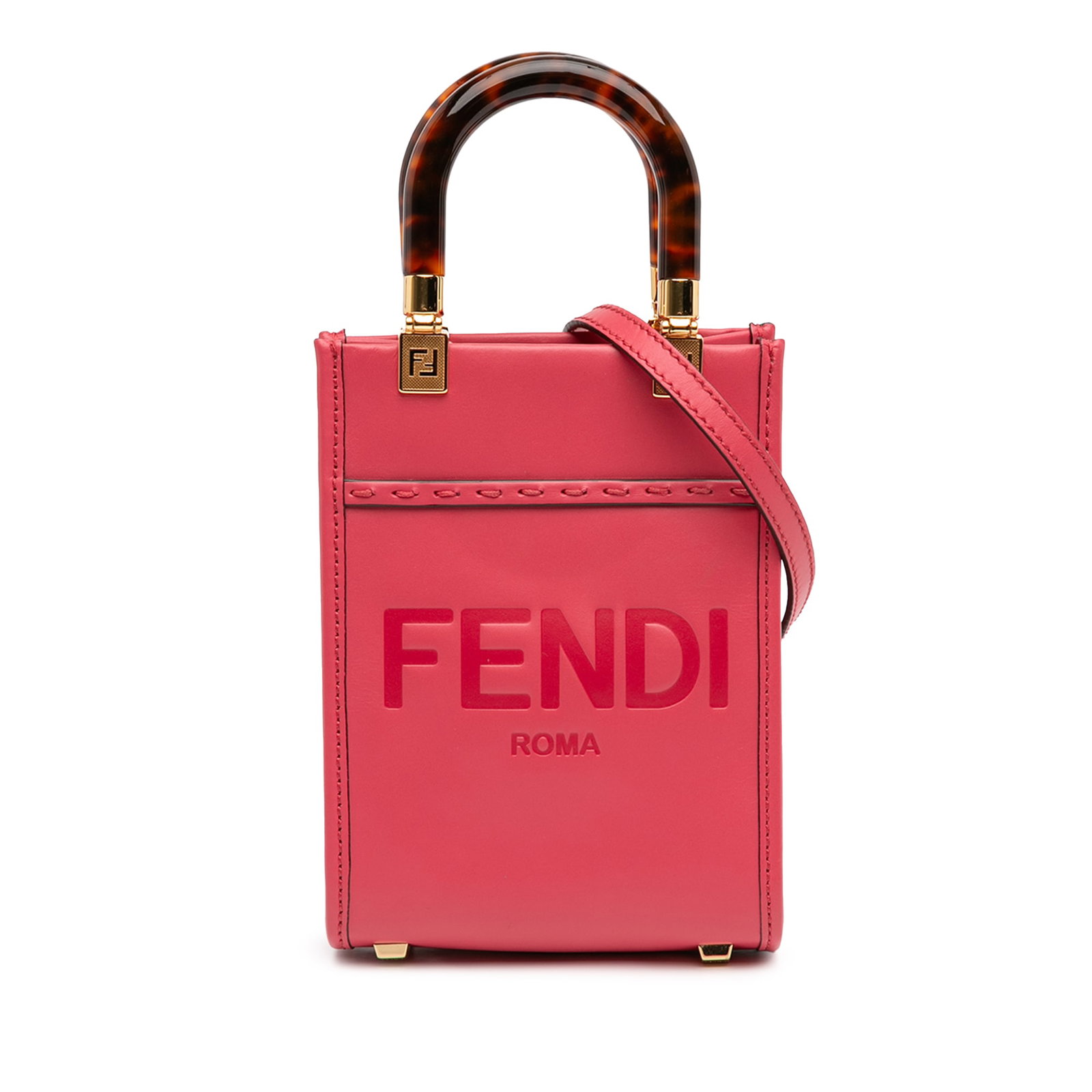 Mini Sunshine Shopper Tote Pink Leather Bag with Acrylic Handles by Fendi: Mini Sunshine Shopper Tote Pink Leather Bag with Acrylic Handles by Fendi This Fendi Mini Leather Sunshine Shopper Tote showcases a pink leather body with rolled acrylic top handles and a detachable f