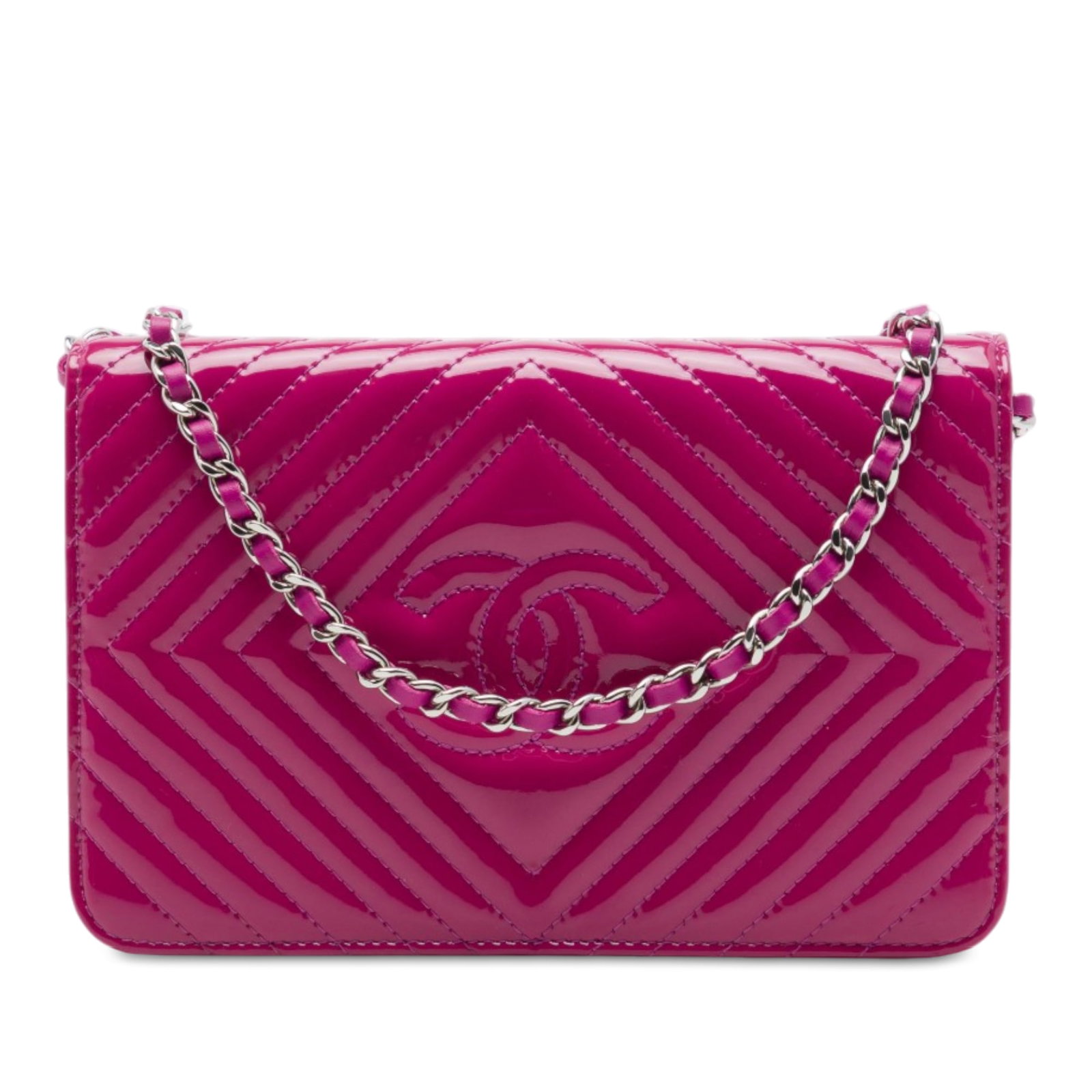 Chanel CC Wallet on Chain Pink Patent Leather Quilted Bag: Chanel CC Wallet on Chain Pink Patent Leather Quilted Bag A Chanel wallet on chain in pink quilted patent leather with the signature CC front flap and snap closure. The design includes a leather-woven