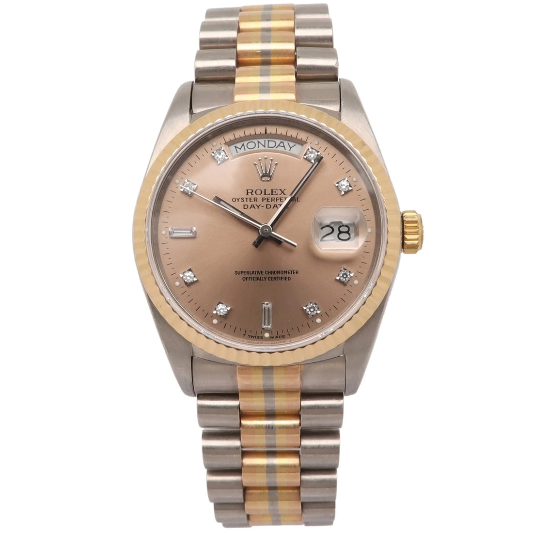 Rolex Day-Date 18039 36mm Tridor 18K Gold Diamond Dial Watch: Rolex Day-Date 18039 36mm Tridor 18K Gold Diamond Dial Watch Vintage Rolex Day-Date wristwatch with an automatic movement and analog display. This men's watch features a salmon sunburst dial with diam