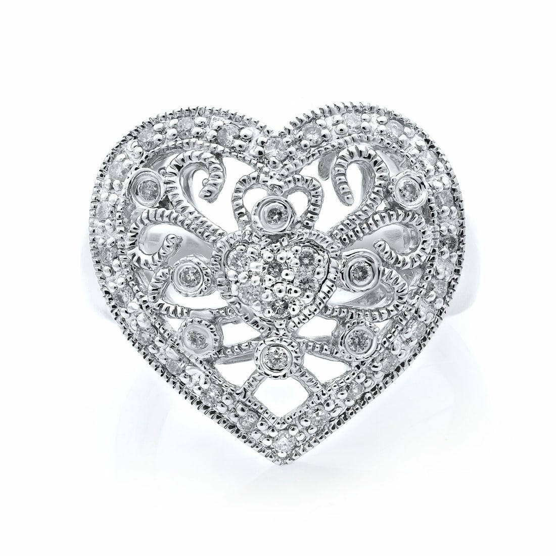 Rachel Koen Heart Shaped Diamond Ring 14K White Gold 0.50Cttw Size 8: Rachel Koen Heart Shaped Diamond Ring 14K White Gold 0.50Cttw Size 8 This exquisite heart-shaped ring by Rachel Koen is crafted from 14K white gold and adorned with sparkling diamonds totaling 0.50 ca