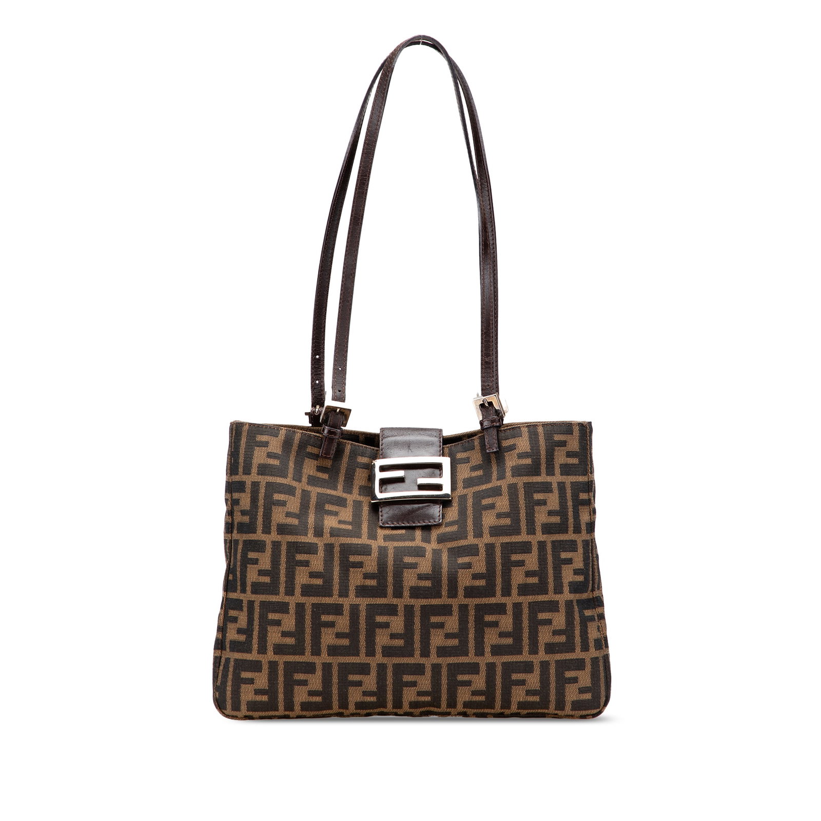 Fendi Zucca Brown Canvas Shoulder Bag: Fendi Zucca Brown Canvas Shoulder Bag This Fendi Zucca Canvas Shoulder Bag features a durable canvas body with the signature Zucca pattern, complemented by flat leather straps and a top strap with a m
