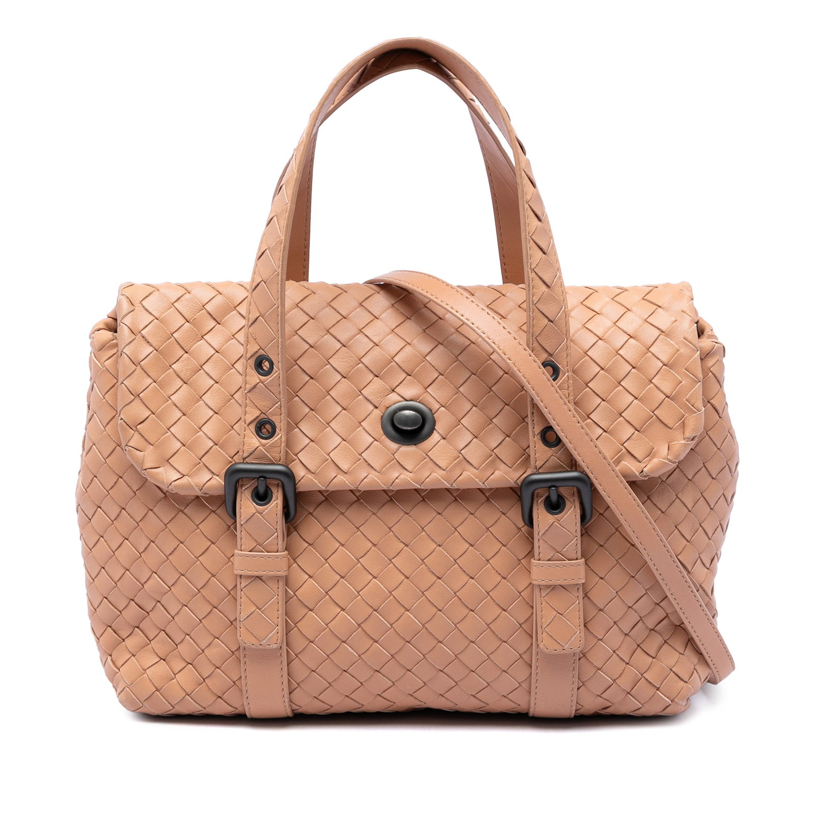 Bottega Veneta Intrecciato leather satchel with flap and strap: Bottega Veneta Intrecciato leather satchel with flap and strap A Bottega Veneta Nappa Intrecciato flap satchel in brown leather with the brand's signature woven body. The bag features adjustable flat 