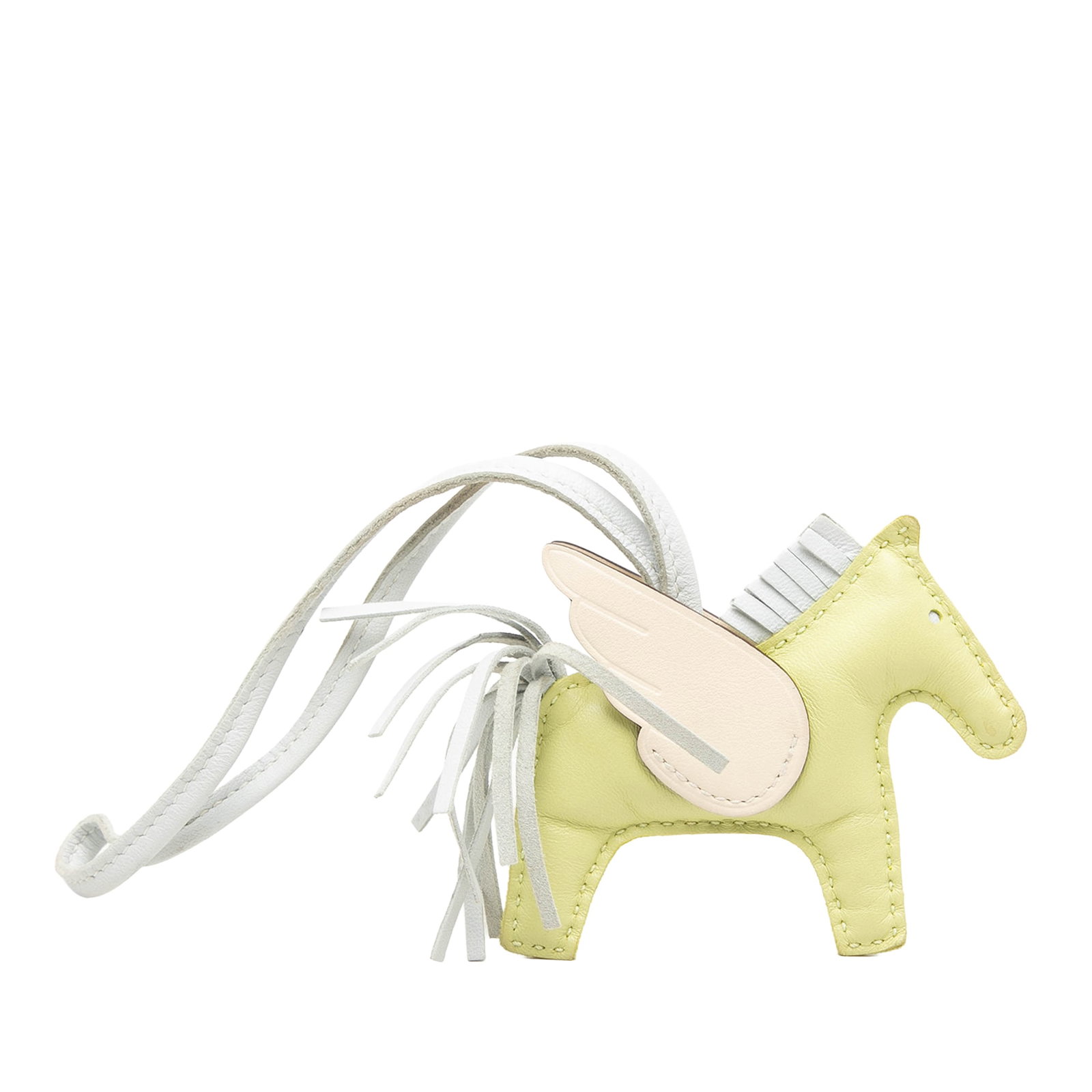 Hermes Rodeo Pegase PM bag charm in Milo lambskin and Swift leather: Hermes Rodeo Pegase PM bag charm in Milo lambskin and Swift leather Hermes Grigri Rodeo Pegase PM bag charm crafted in Milo lambskin and Swift leather. This accessory features Jaune Bourgeon, Bleu Bru