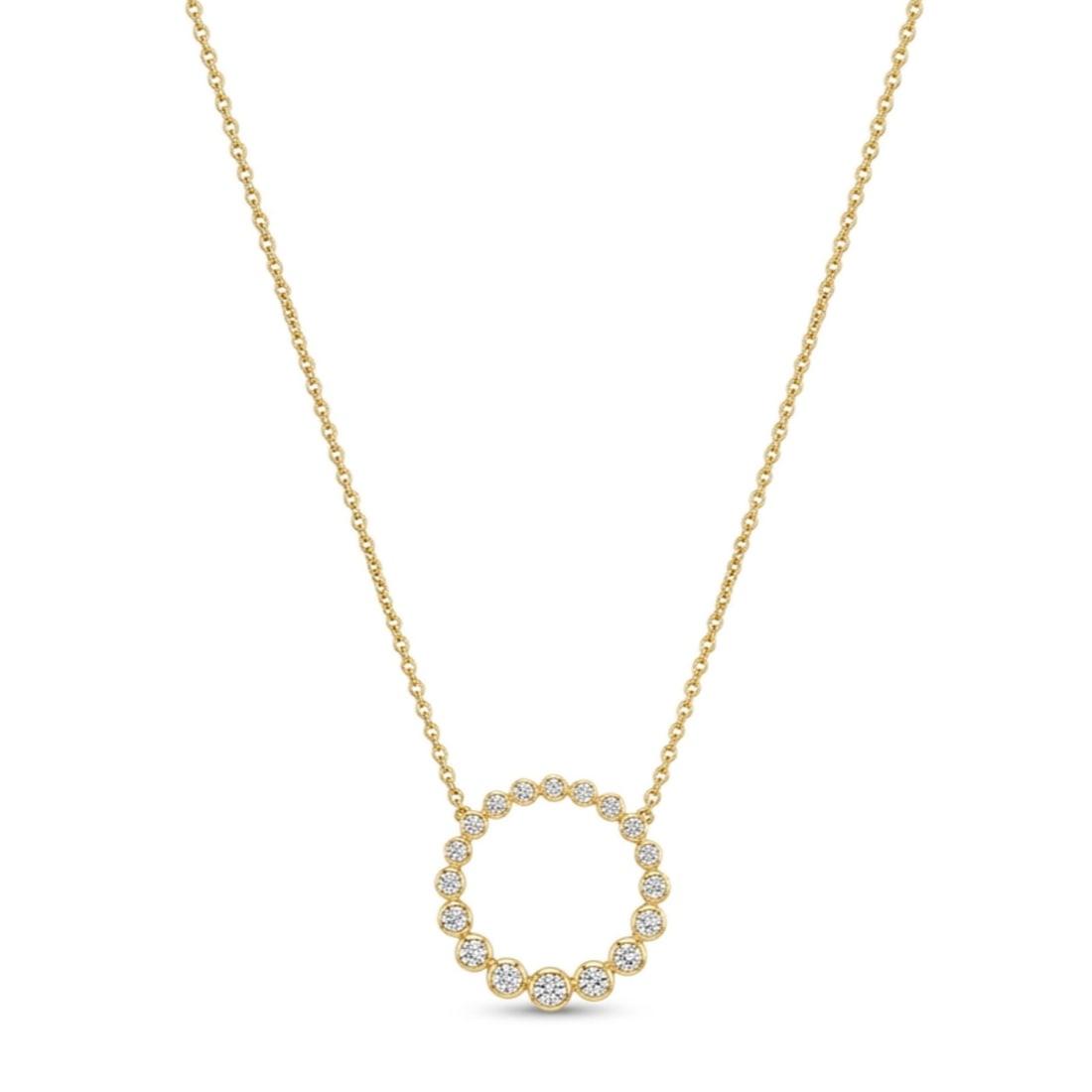 Memoire 18k Yellow Gold Diamond Circle Pendant Necklace 0.65ctw: Memoire 18k Yellow Gold Diamond Circle Pendant Necklace 0.65ctw Memoire circular diamond pendant necklace crafted in 18k yellow gold. The open circle pendant features pave-set round brilliant diamonds