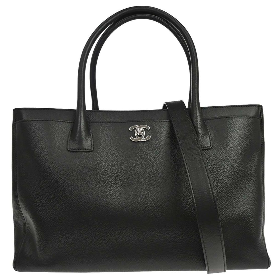 CHANEL Executive Cerf Black Calfskin 2way Tote Bag: CHANEL Executive Cerf Black Calfskin 2way Tote Bag Chanel Executive Cerf 2-way tote bag in black calfskin with double handles, a turn-lock closure, logo accents, and multiple pockets. This medium tote