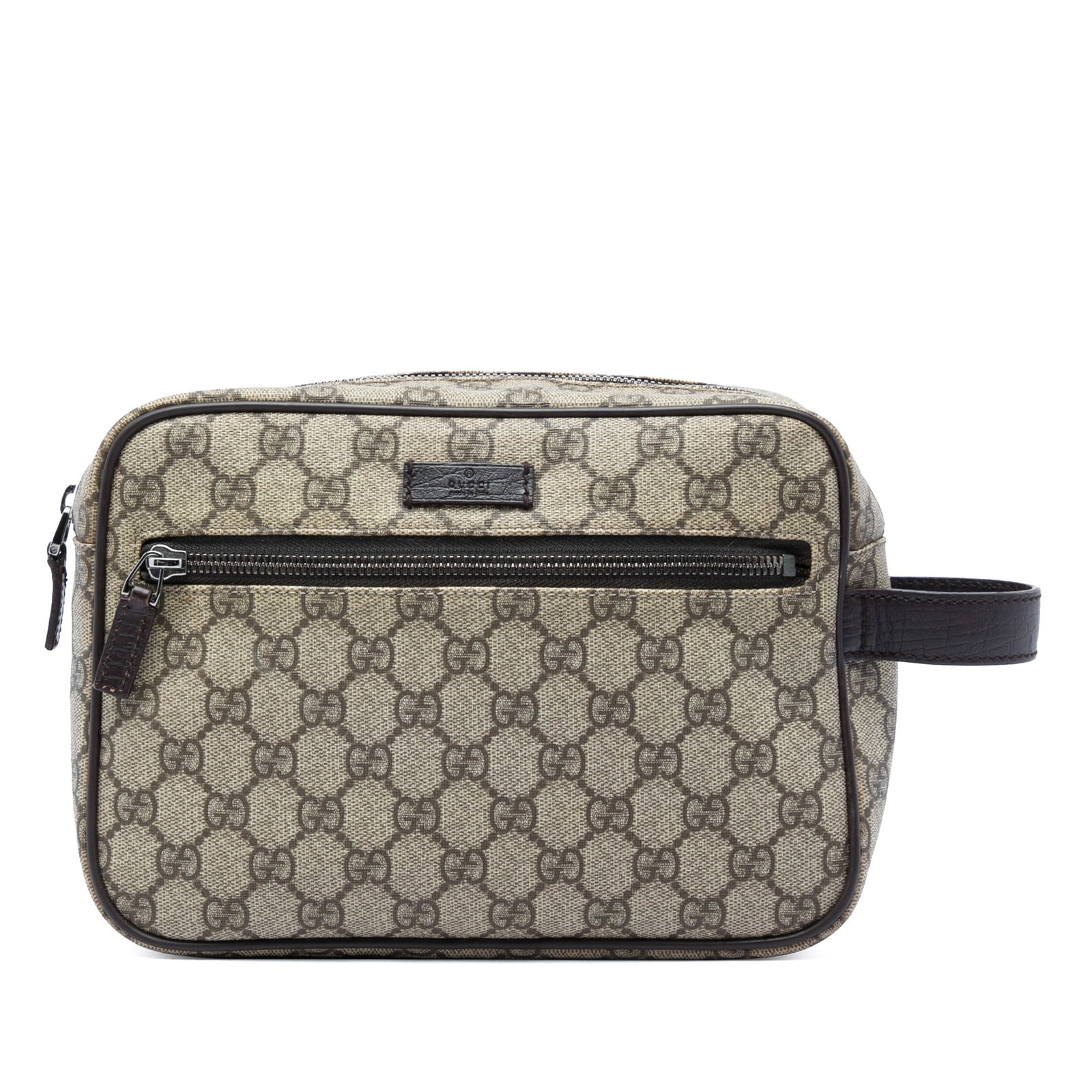 Gucci GG Supreme coated canvas clutch bag with leather trim: Gucci GG Supreme coated canvas clutch bag with leather trim Gucci GG Supreme clutch in beige with a coated canvas body and leather trim. It features a side flat leather handle, top zip closure, exteri