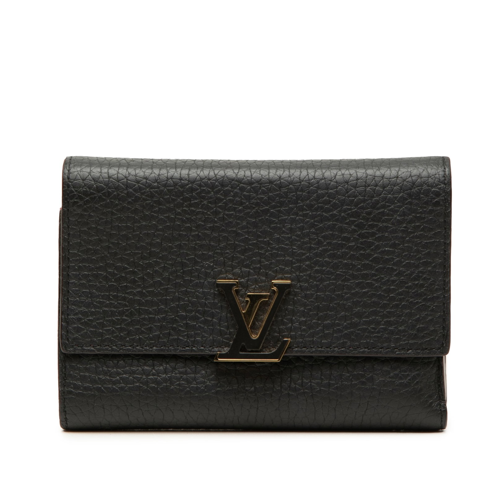 Louis Vuitton Taurillon Capucines Leather Compact Wallet Black: Louis Vuitton Taurillon Capucines Leather Compact Wallet Black Louis Vuitton Taurillon Capucines Compact Wallet in black leather with a flap and stud closure. The interior includes zip and slip pocket