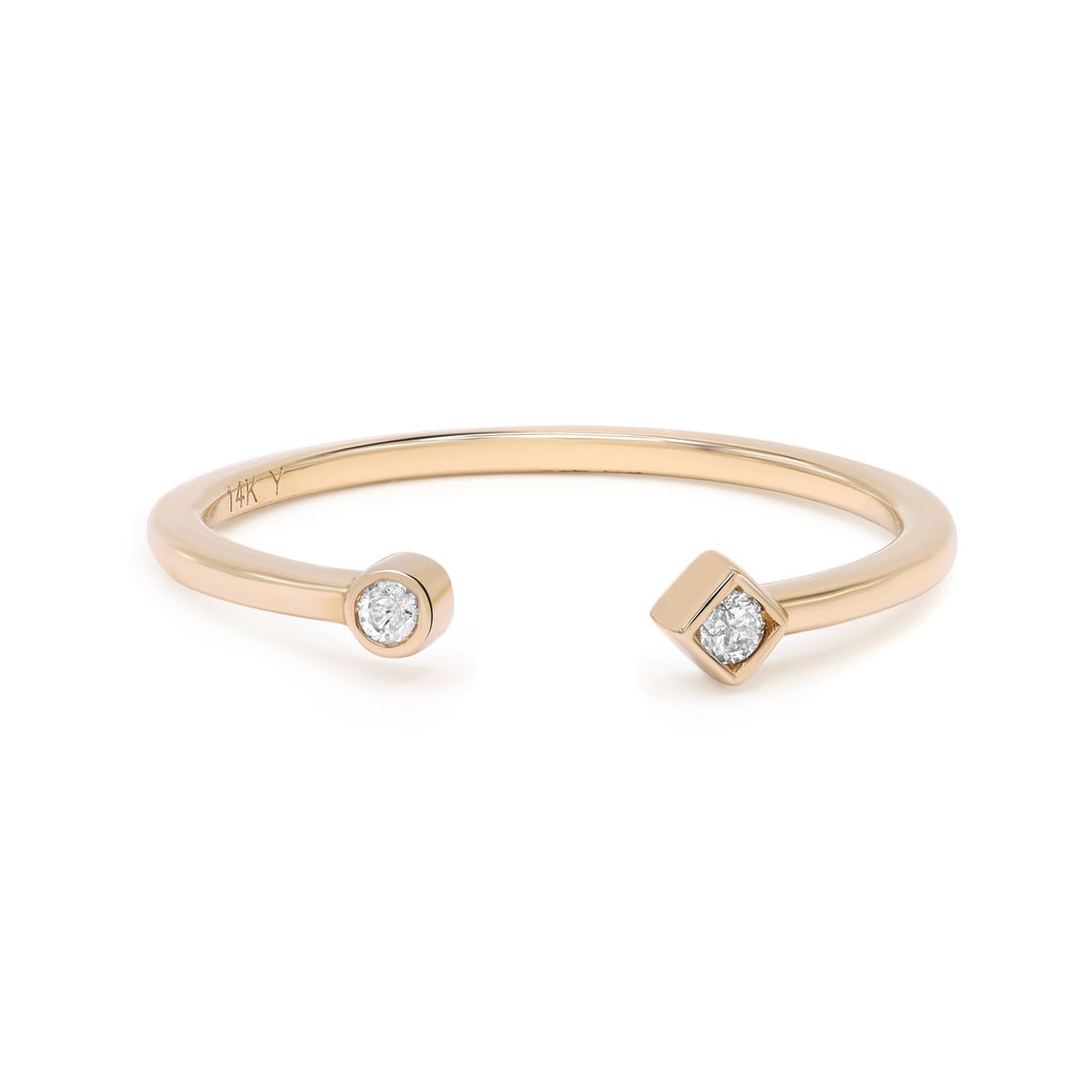 Rachel Koen 14K Yellow Gold Open Shank Diamond Ring 0.04ct Size 6: Rachel Koen 14K Yellow Gold Open Shank Diamond Ring 0.04ct Size 6 This stunning open shank diamond ring by Rachel Koen is crafted in luxurious 14K yellow gold, featuring two bezel set round brilliant 