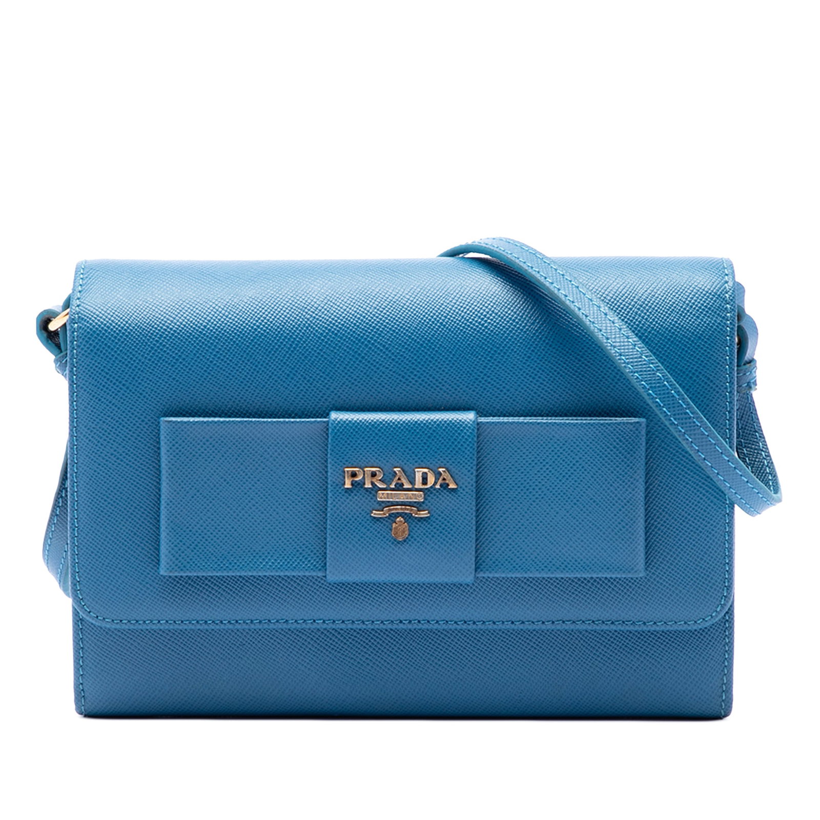 Prada Saffiano Lux Bow leather wallet bag with detachable strap: Prada Saffiano Lux Bow leather wallet bag with detachable strap Prada Saffiano Lux Bow Wallet On Strap in blue saffiano leather with a detachable flat strap, front flap with magnetic snap closure, and