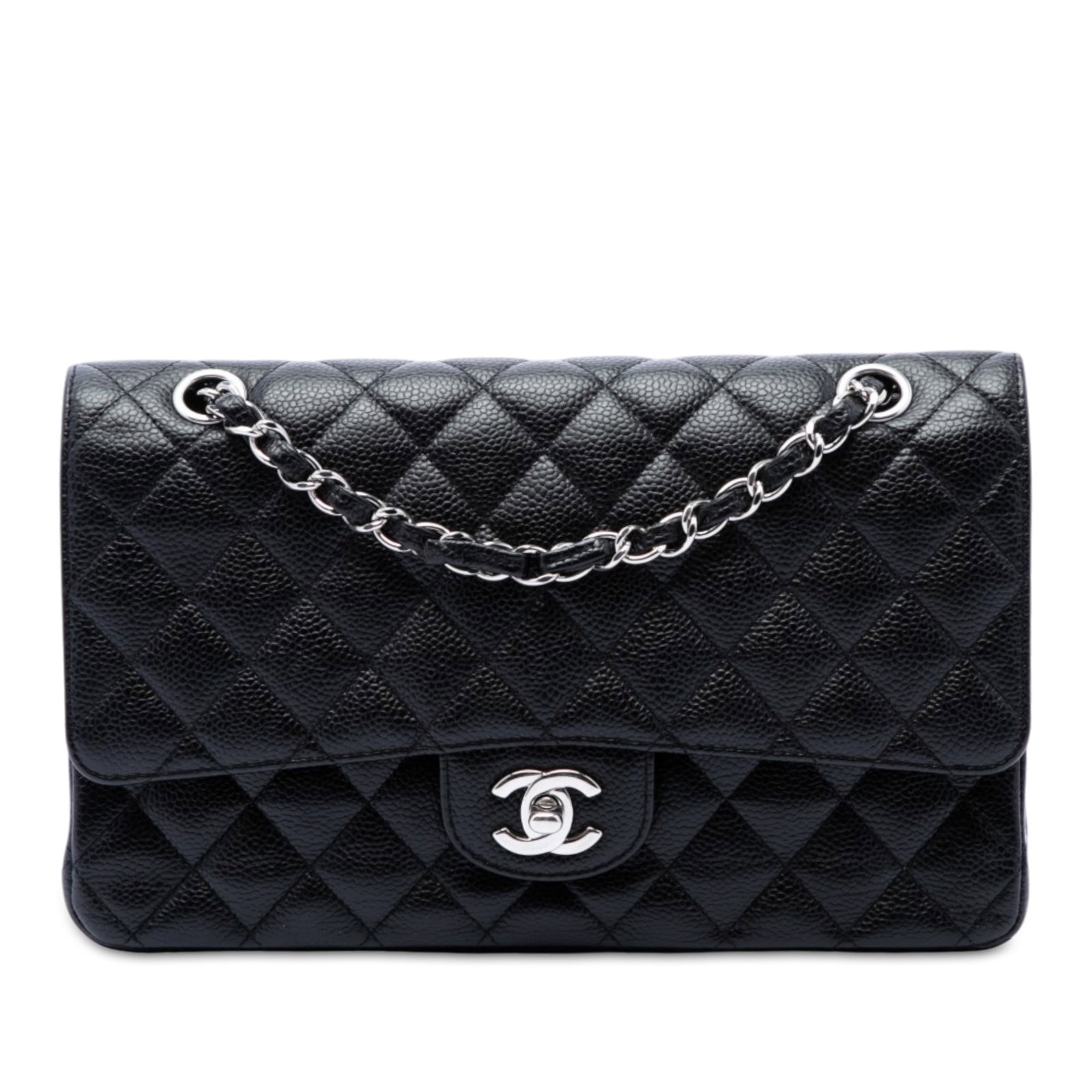 Chanel Medium Classic Double Flap Shoulder Bag in Black Caviar Leather: Chanel Medium Classic Double Flap Shoulder Bag in Black Caviar Leather A Chanel Medium Classic Caviar Double Flap shoulder bag crafted in black quilted caviar leather. This bag features an exterior ba